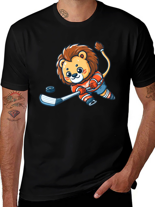 Cartoon Lion Hockey Player Black T-Shirt