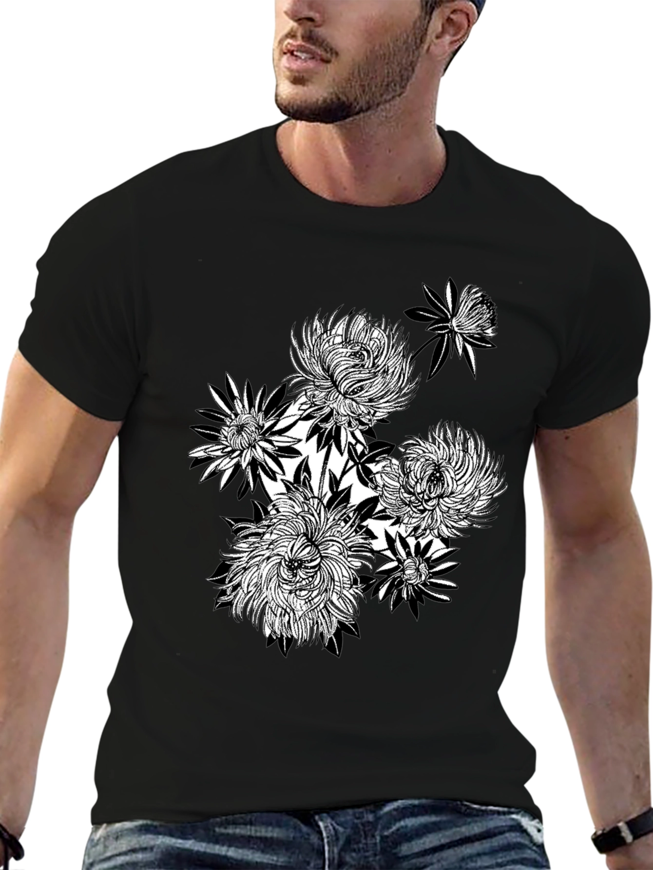 Black Floral Graphic Tee - Stylish Mens T-Shirt