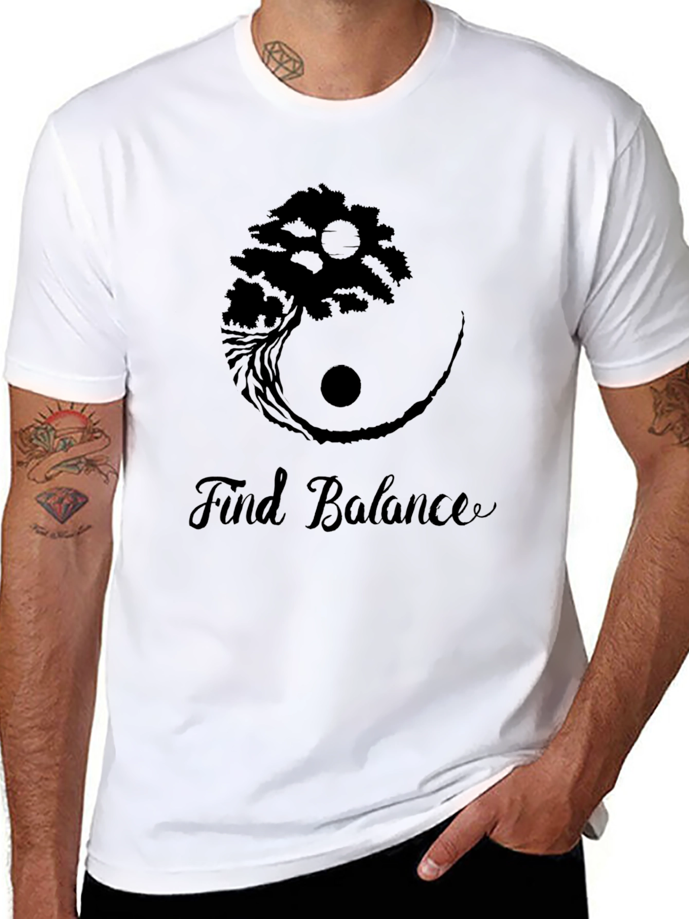 Yin Yang Tree Find Balance Black T-Shirt