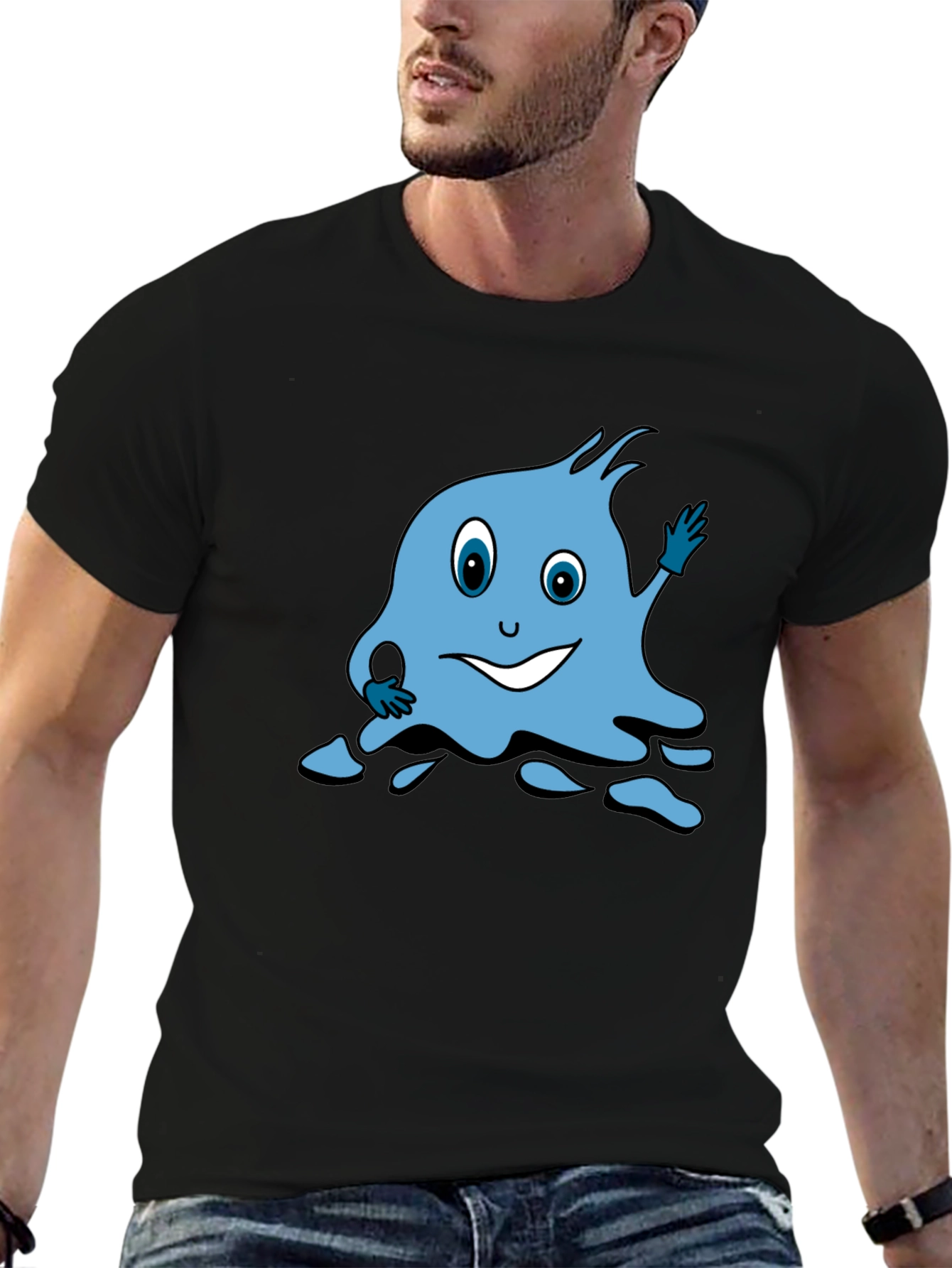 Cartoon Blue Character Black T-Shirt