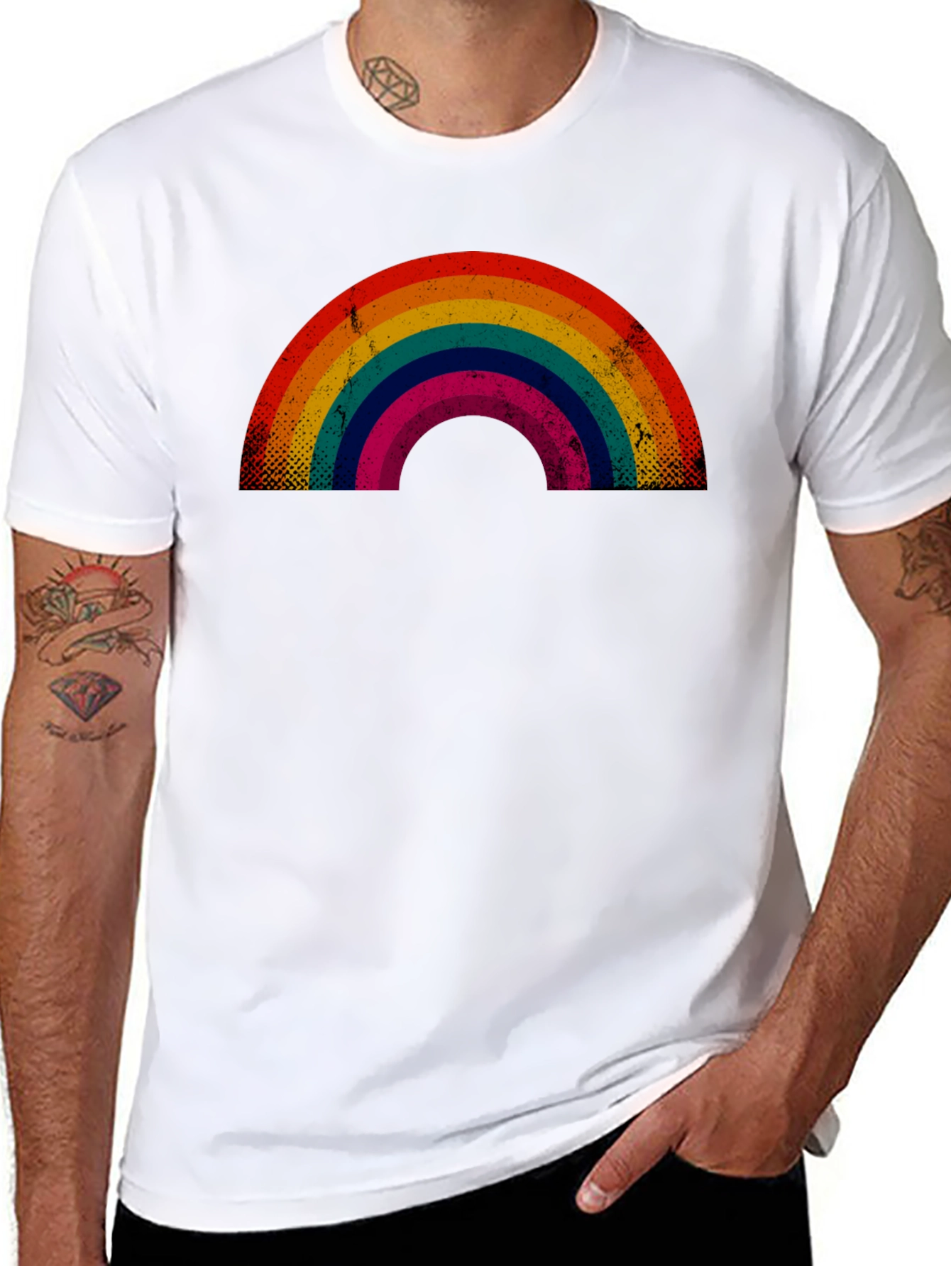 Retro Rainbow Graphic Tee - Black Cotton Blend