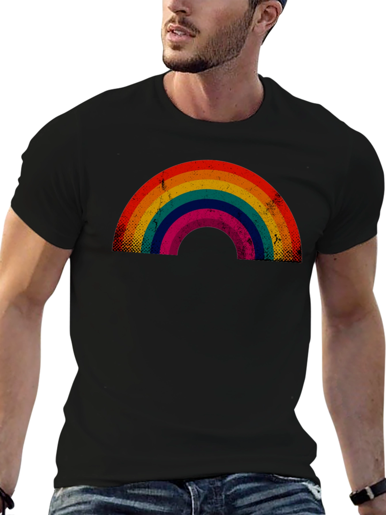 Retro Rainbow Graphic Tee - Black Cotton Blend