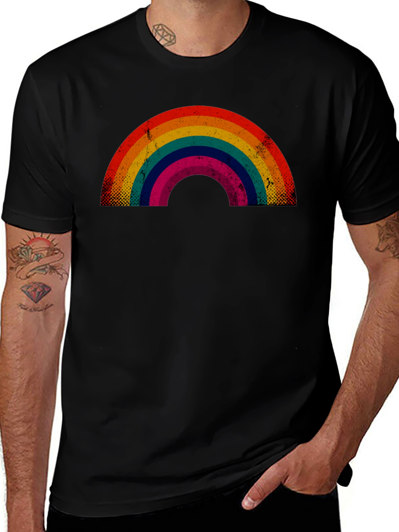 Retro Rainbow Graphic Tee - Black Cotton Blend