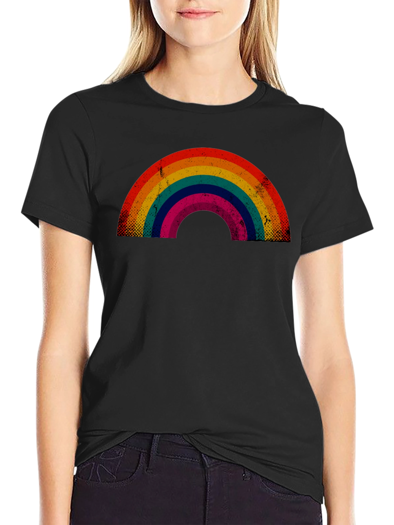 Retro Rainbow Graphic Tee - Black Cotton Blend
