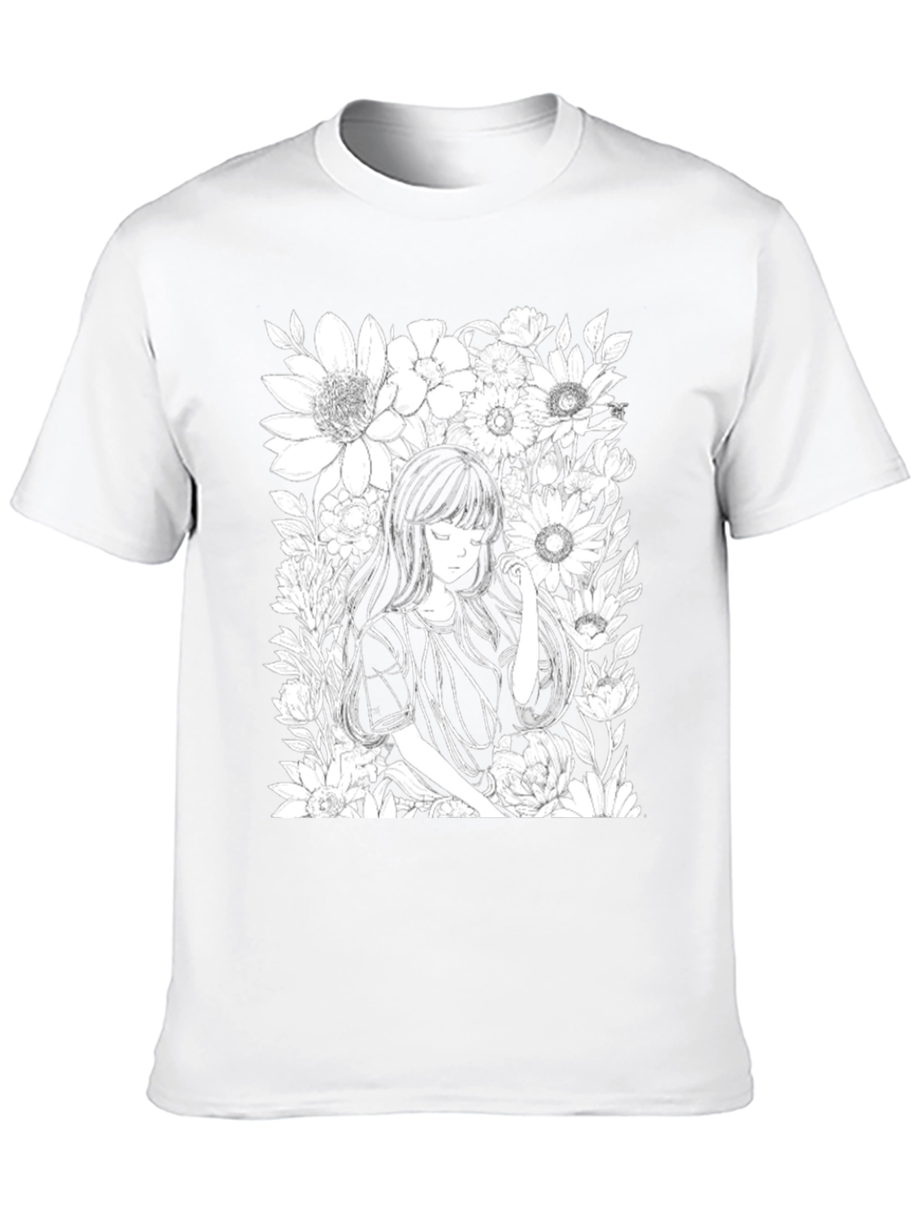 Anime Girl Floral T-Shirt - Black Cotton Tee