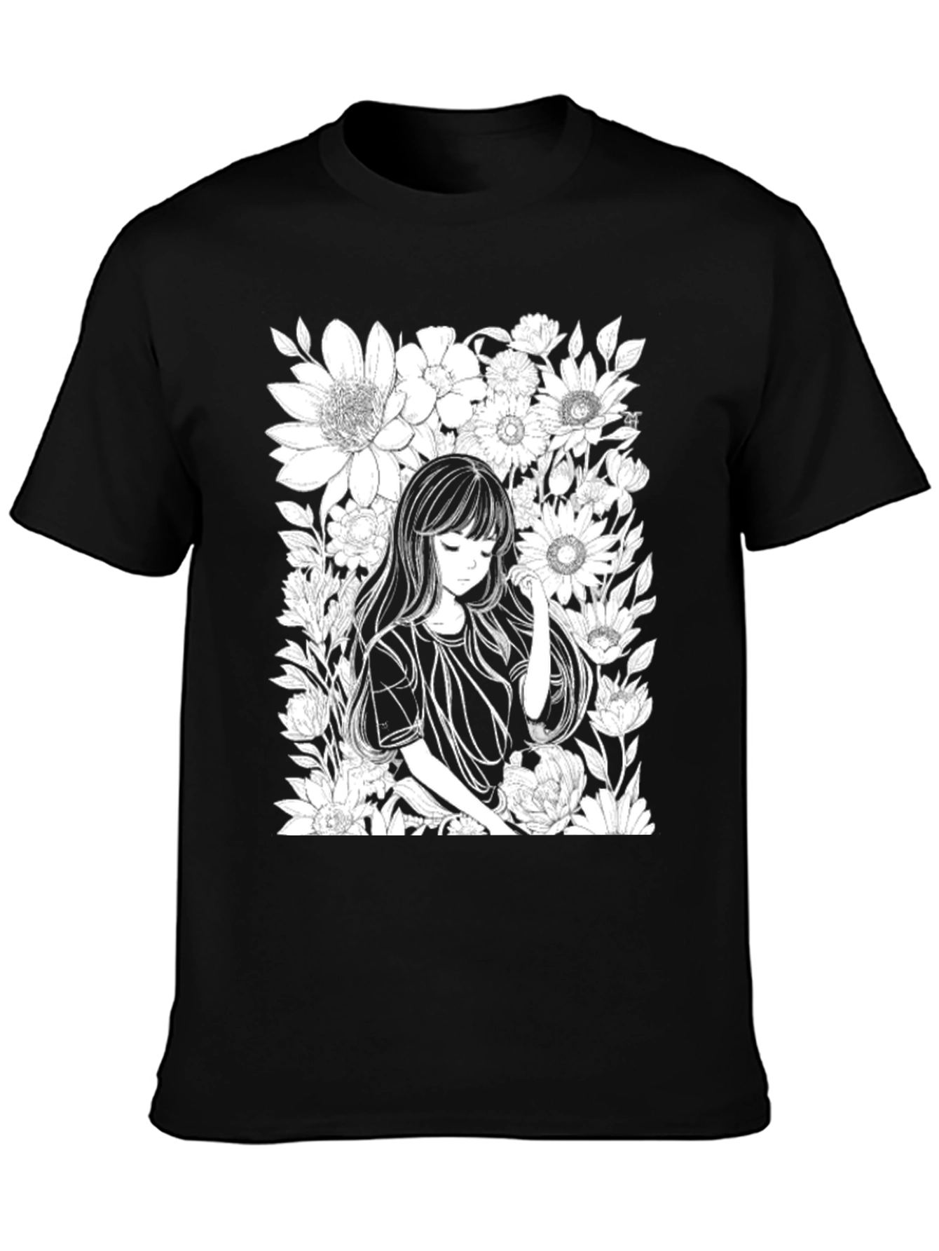 Anime Girl Floral T-Shirt - Black Cotton Tee