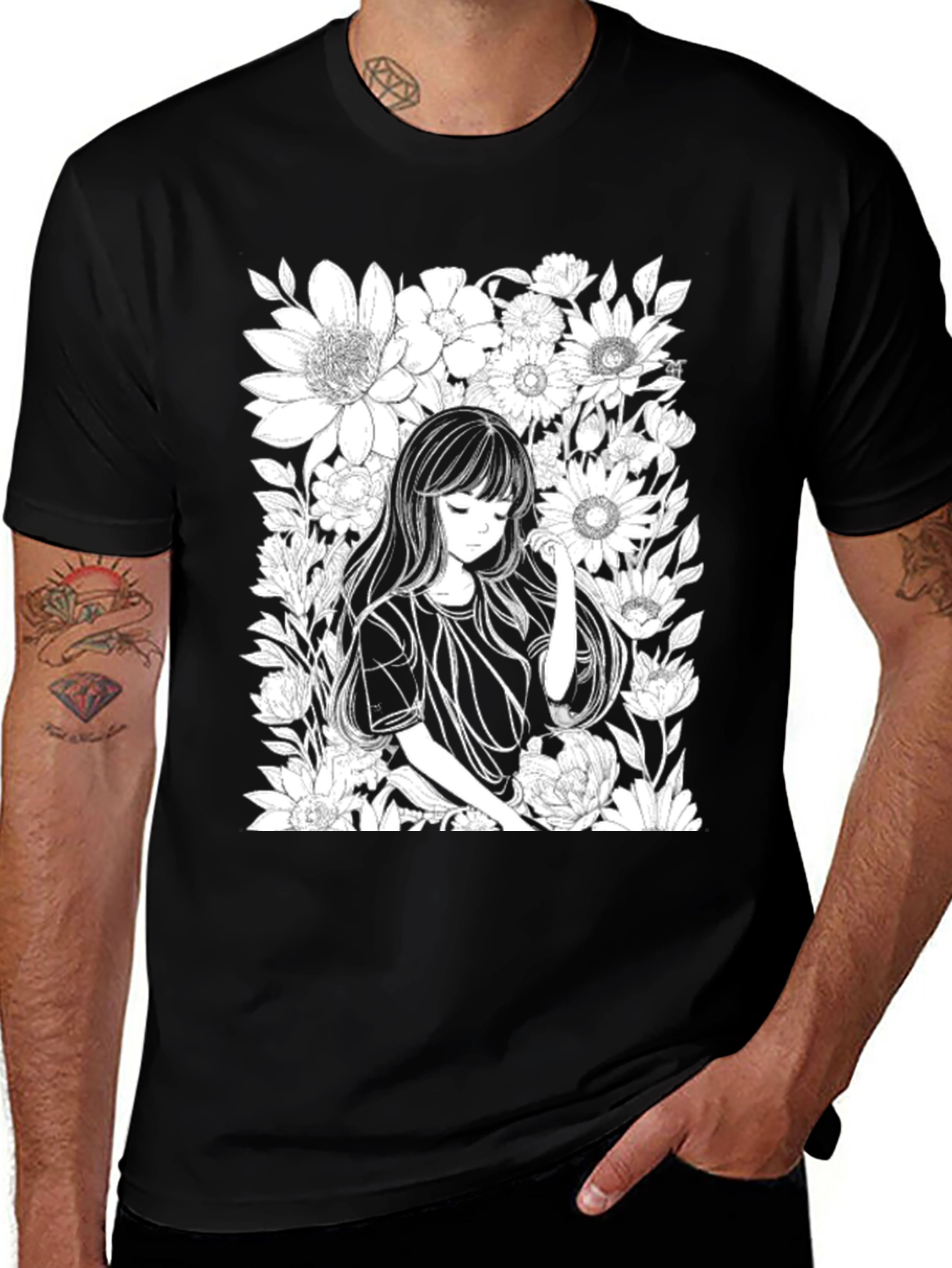 Anime Girl Floral T-Shirt - Black Cotton Tee