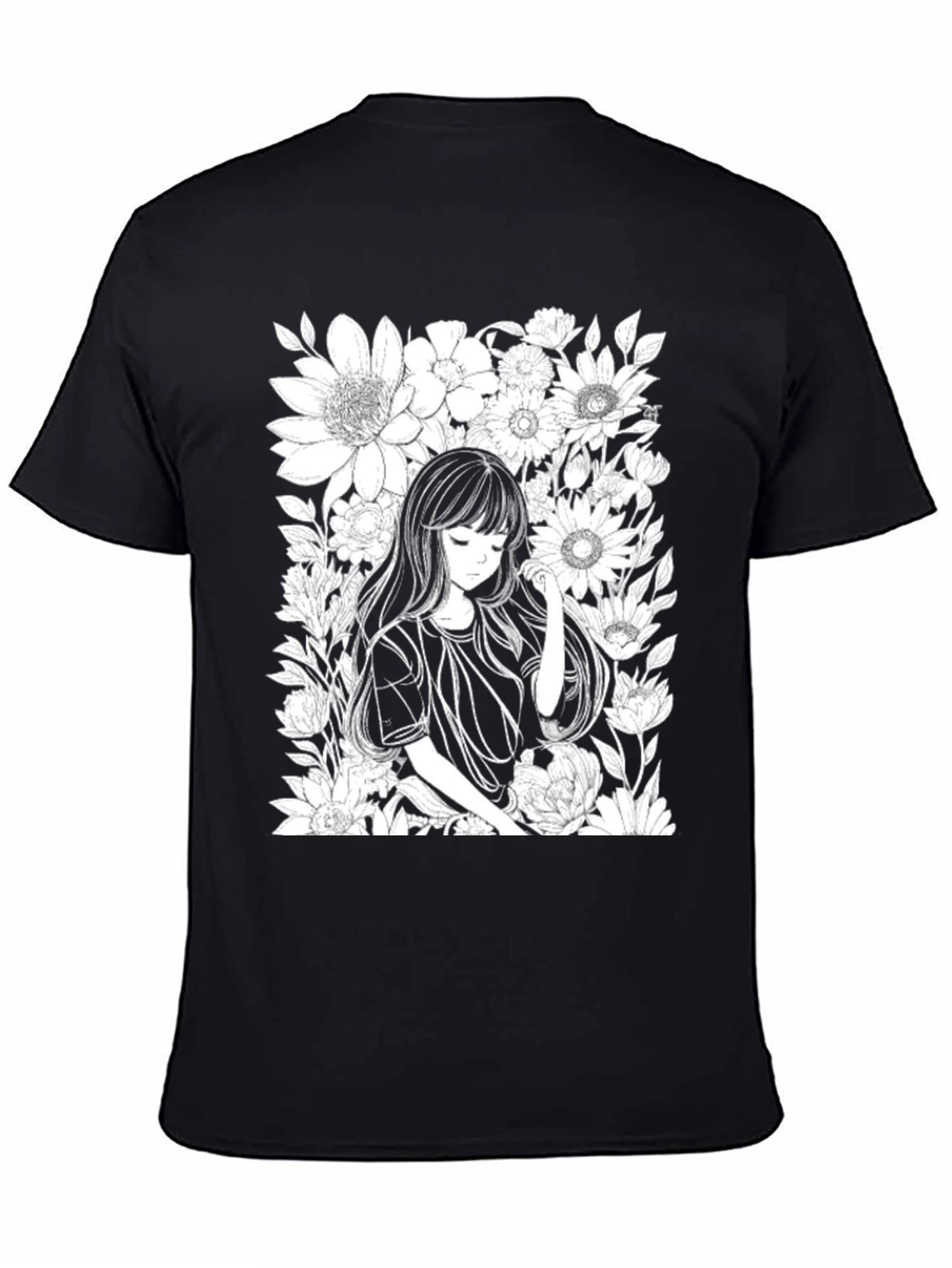 Anime Girl Floral T-Shirt - Black Cotton Tee