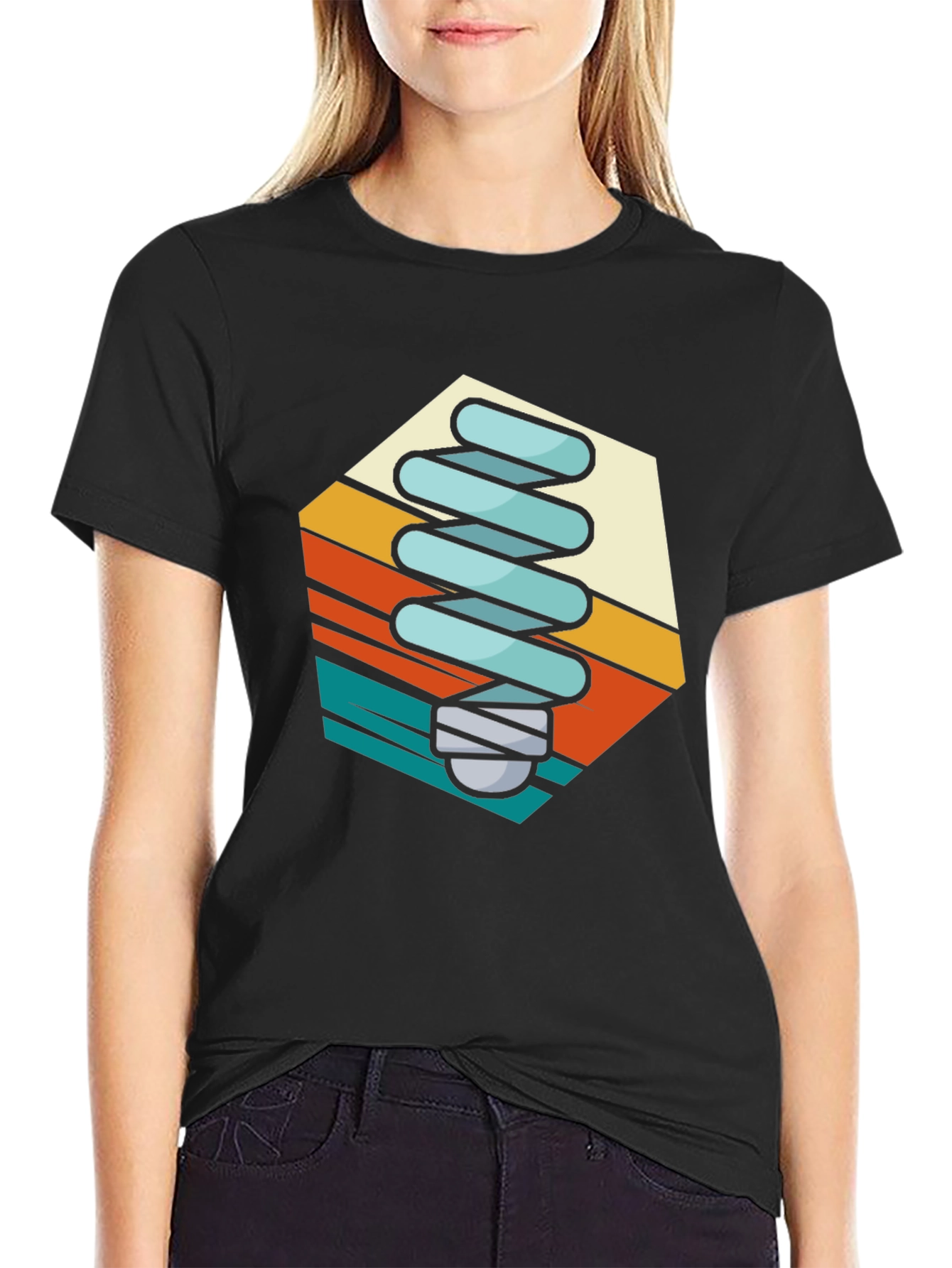 Retro Light Bulb Graphic Tee - Black Cotton Blend