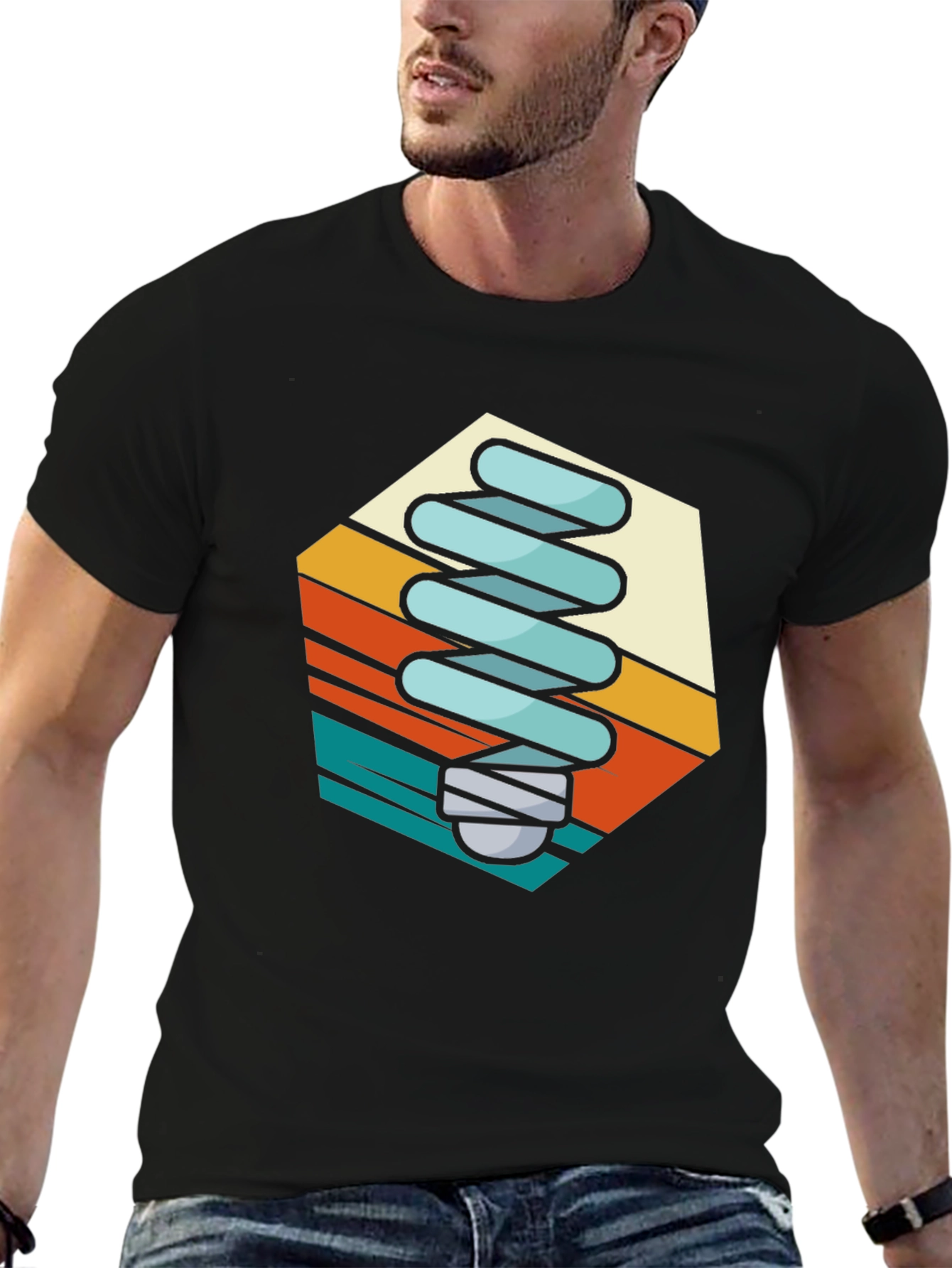 Retro Light Bulb Graphic Tee - Black Cotton Blend