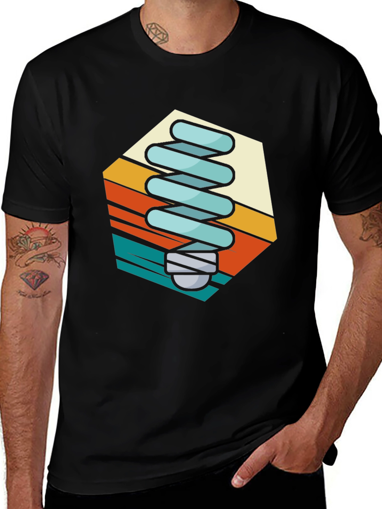 Retro Light Bulb Graphic Tee - Black Cotton Blend