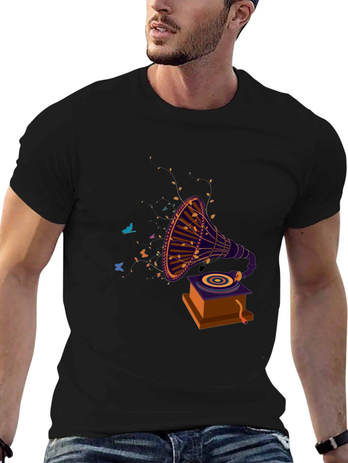 Retro Gramophone Graphic Tee - Black