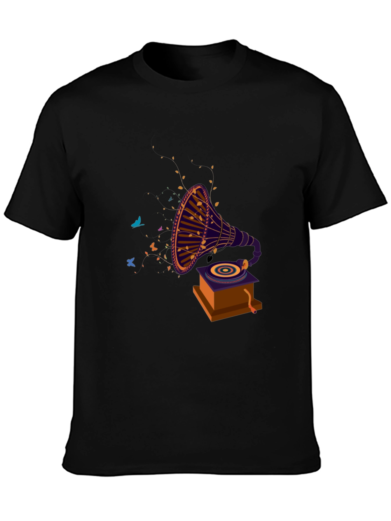 Retro Gramophone Graphic Tee - Black