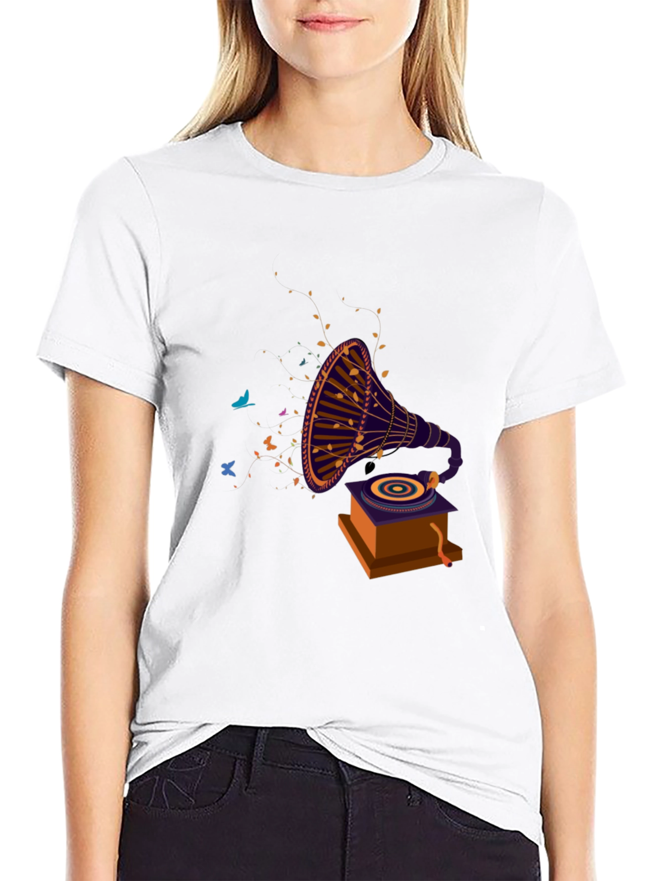 Retro Gramophone Graphic Tee - Black