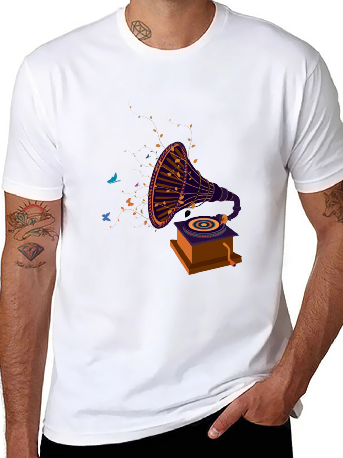 Retro Gramophone Graphic Tee - Black
