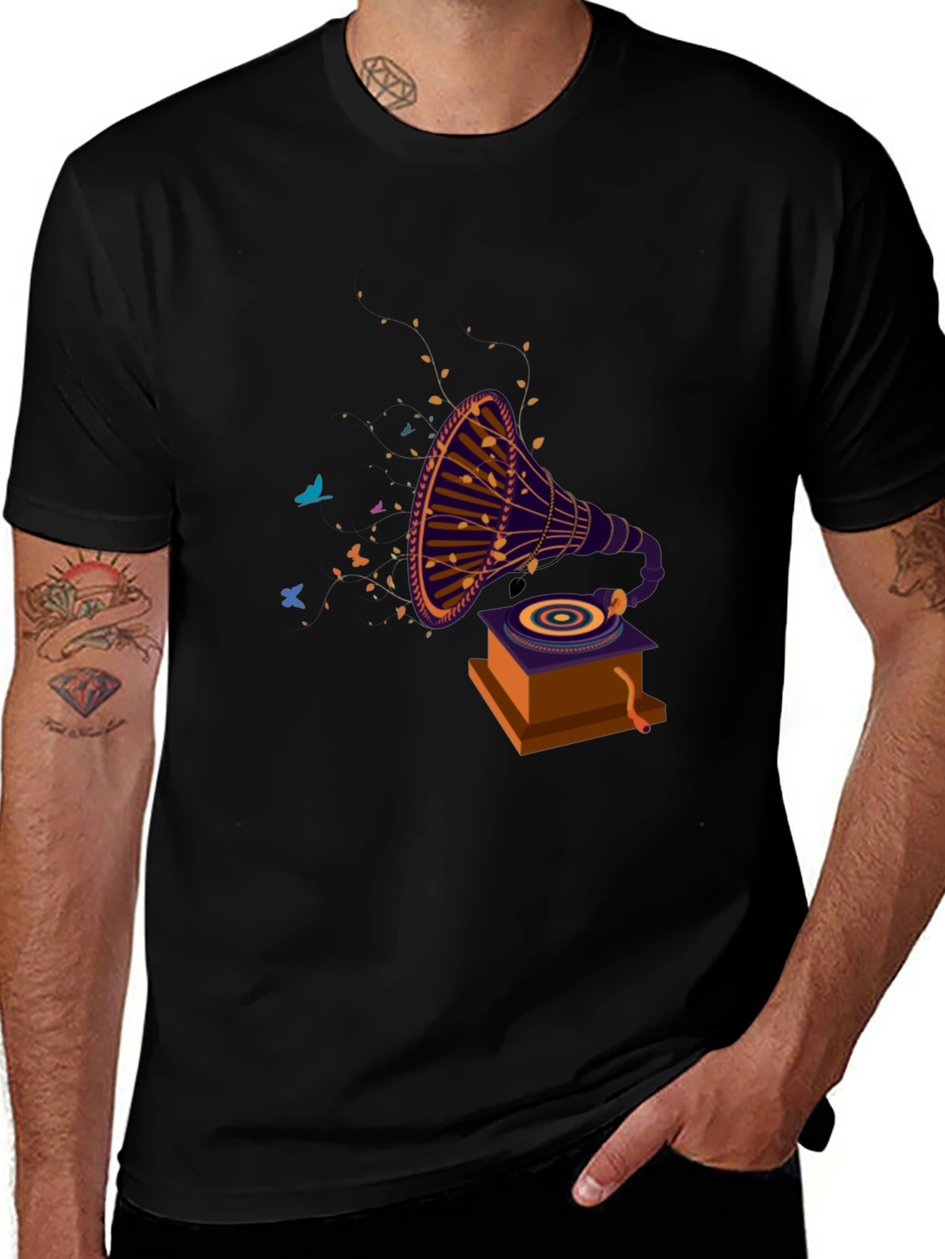 Retro Gramophone Graphic Tee - Black