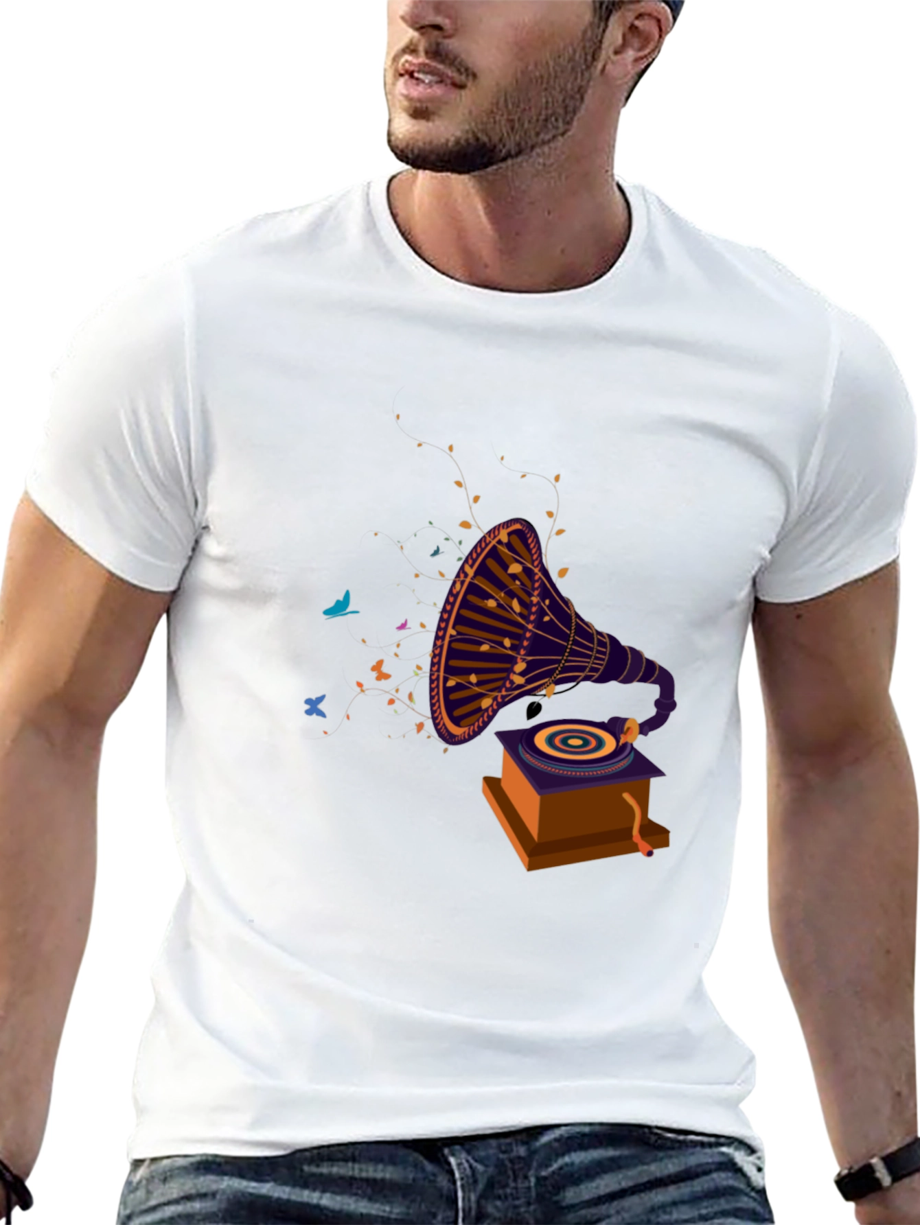 Retro Gramophone Graphic Tee - Black