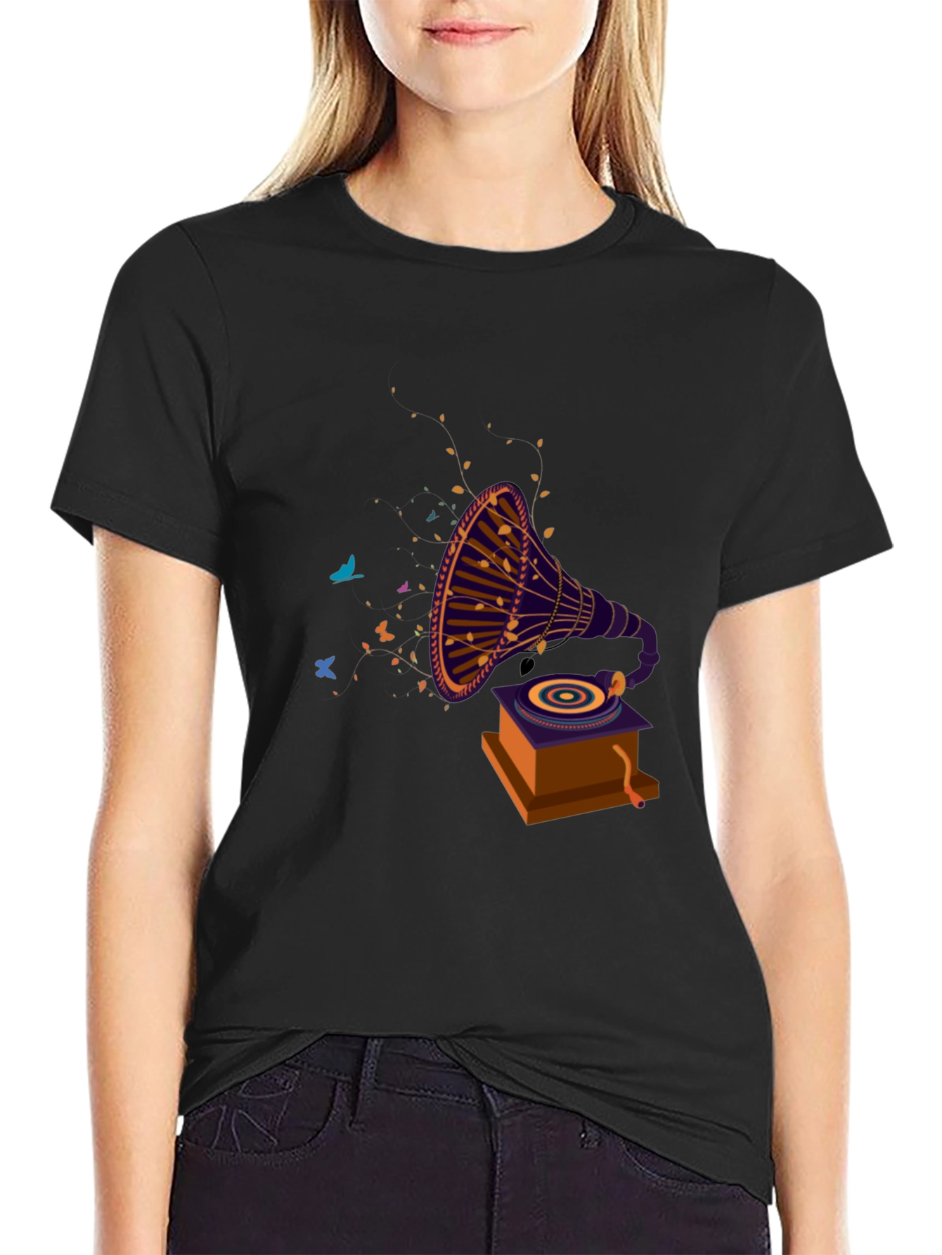 Retro Gramophone Graphic Tee - Black
