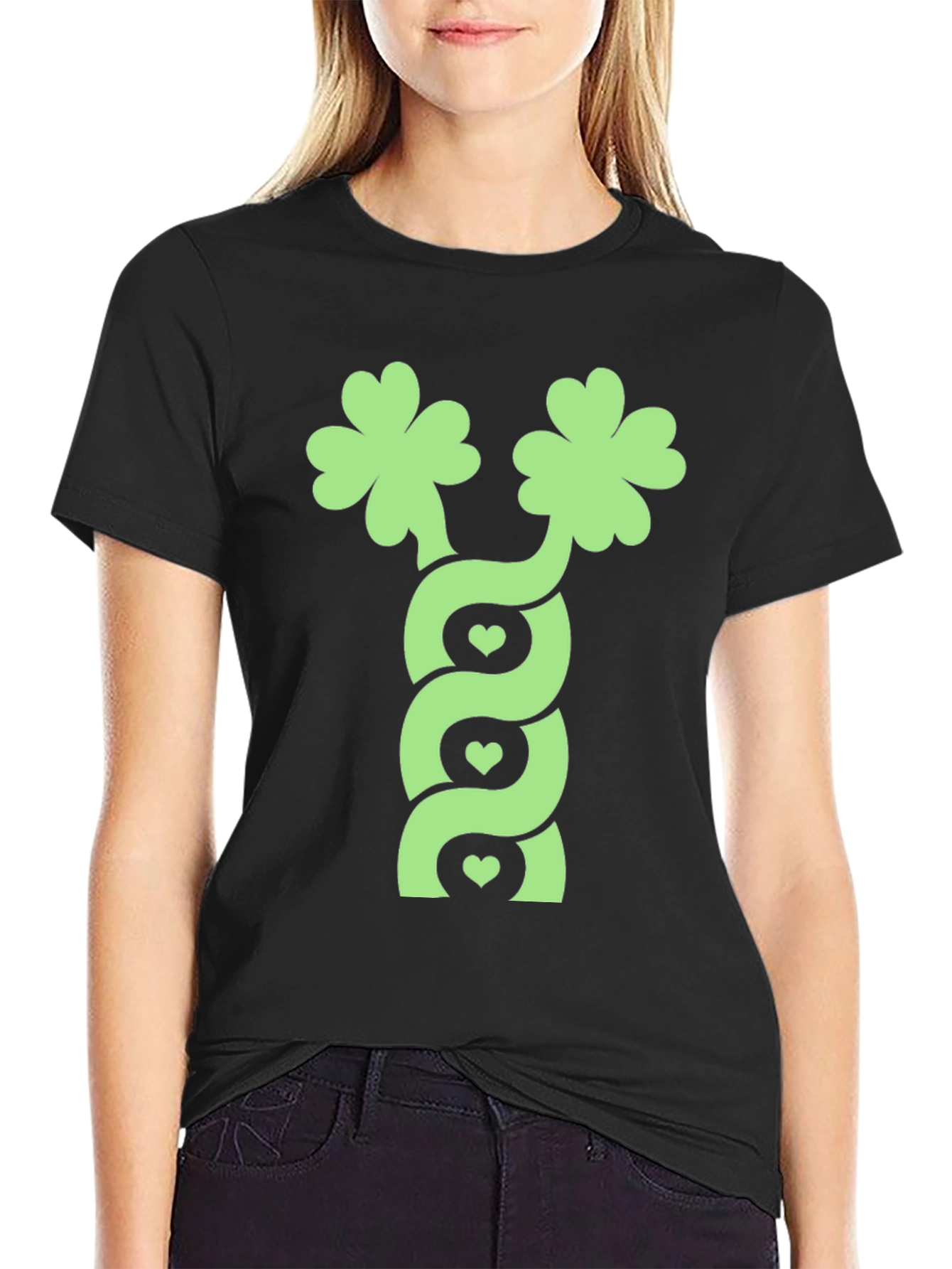 Lucky Clover Heart Twist Black T-Shirt