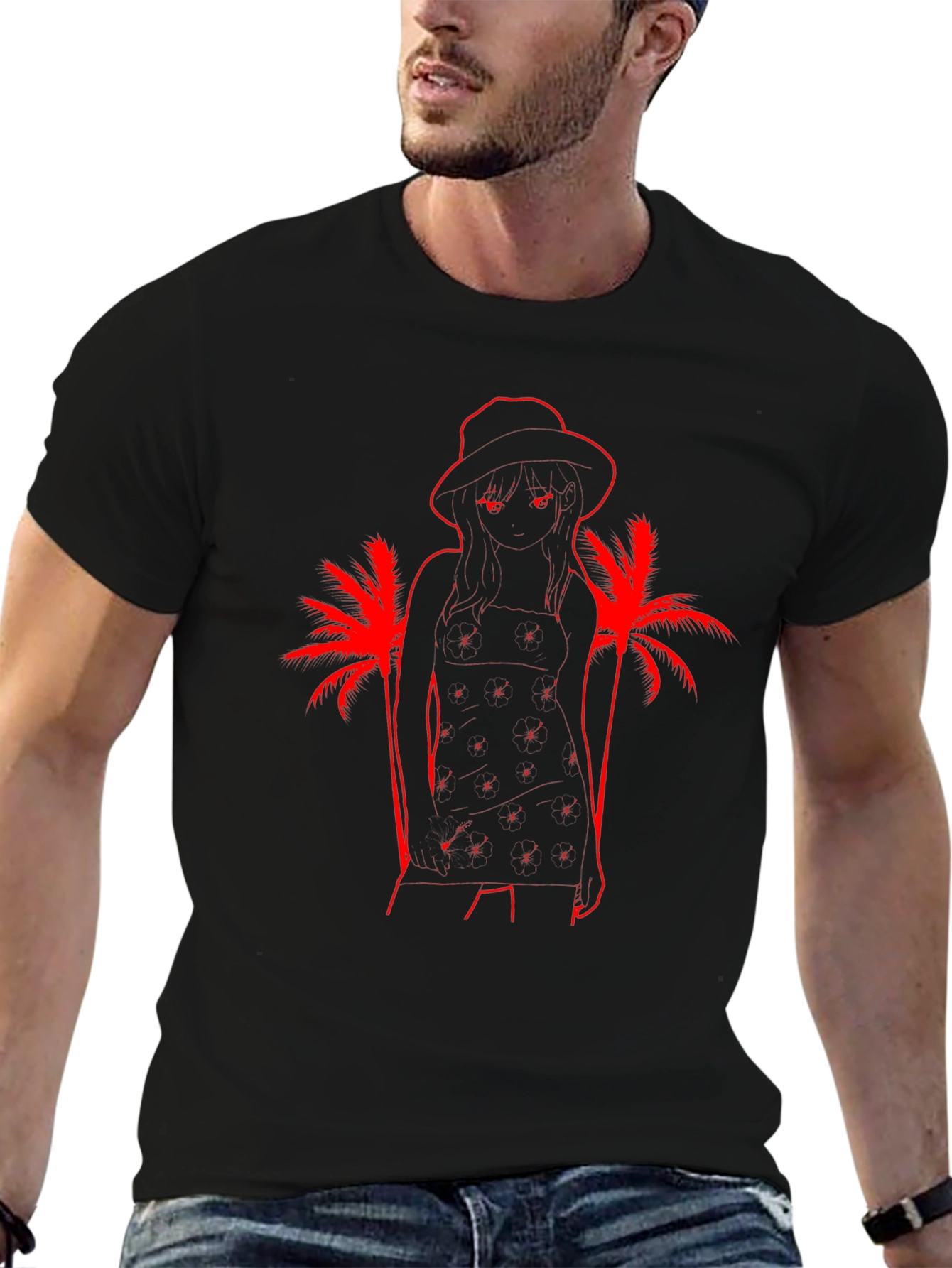 Tropical Anime Girl Graphic T-Shirt - Black