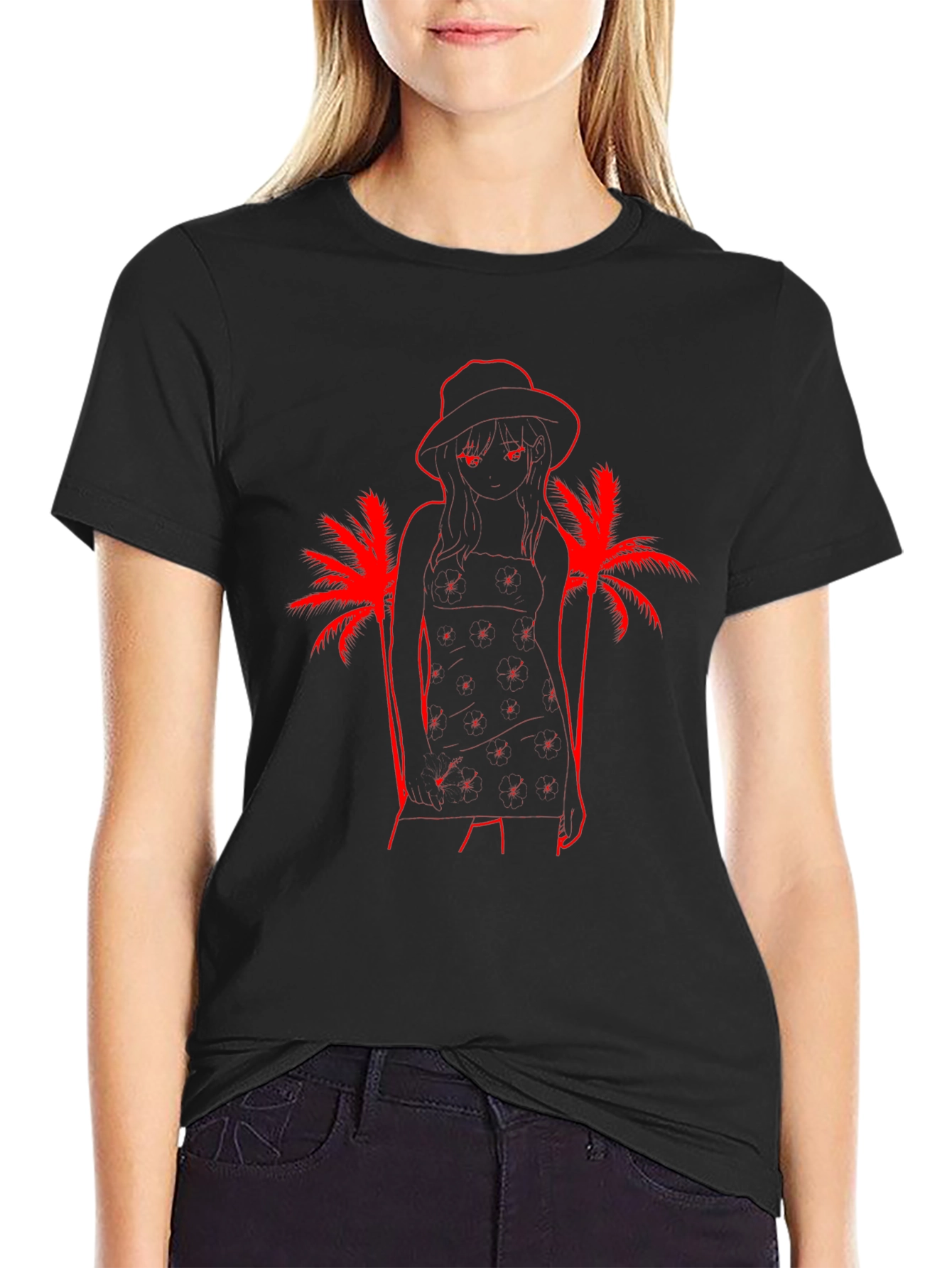 Tropical Anime Girl Graphic T-Shirt - Black