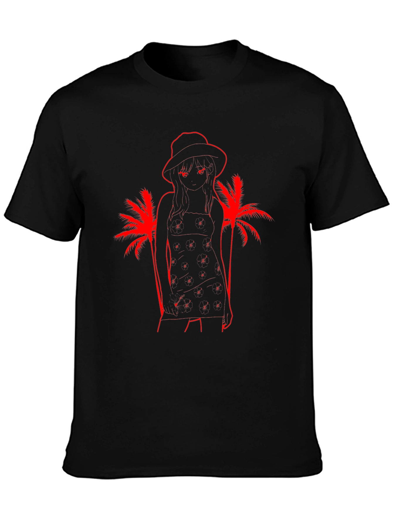 Tropical Anime Girl Graphic T-Shirt - Black