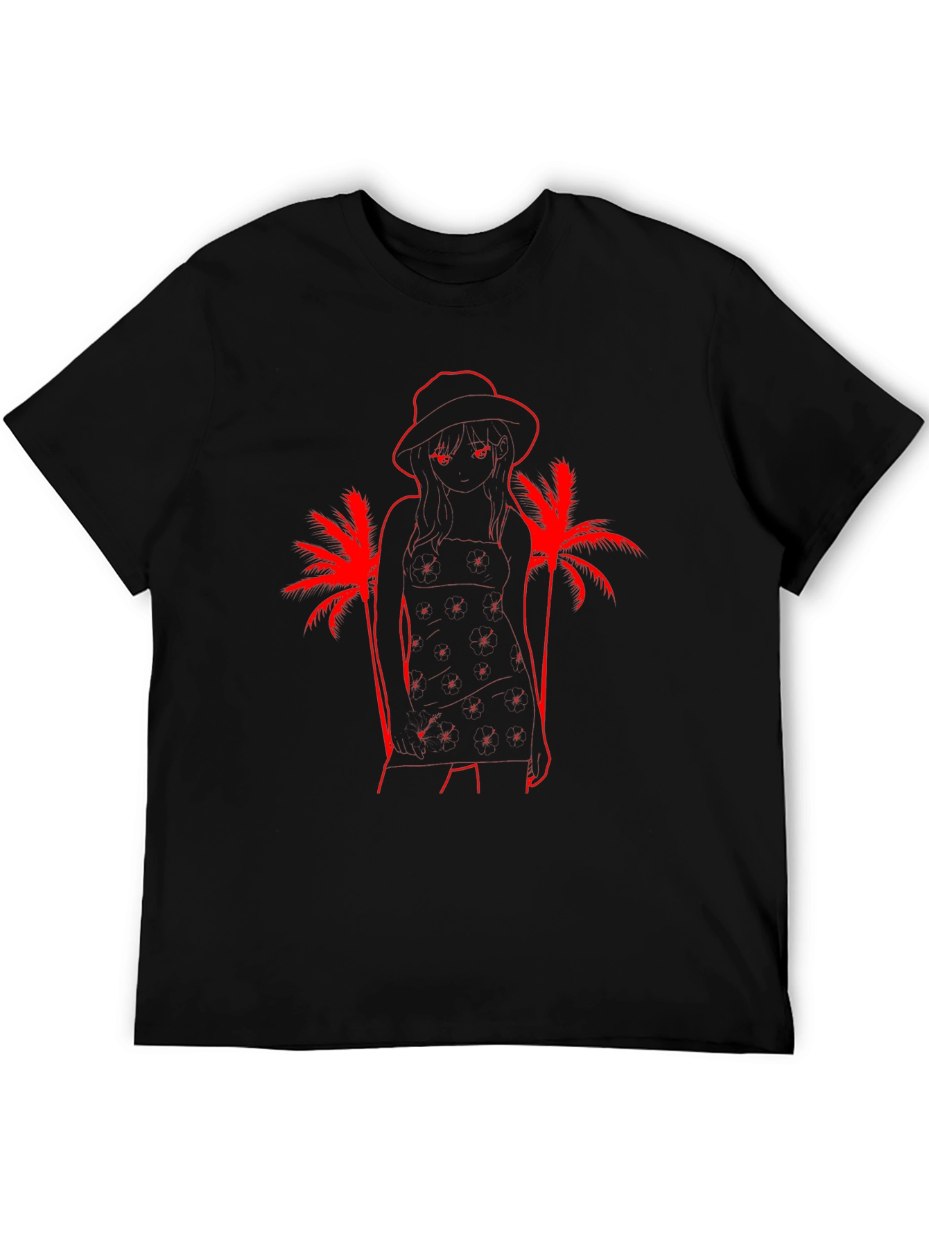 Tropical Anime Girl Graphic T-Shirt - Black