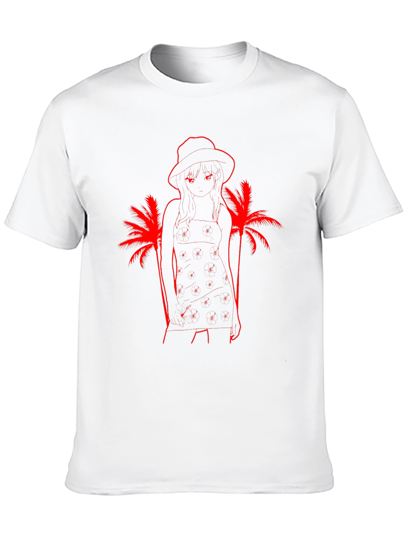 Tropical Anime Girl Graphic T-Shirt - Black