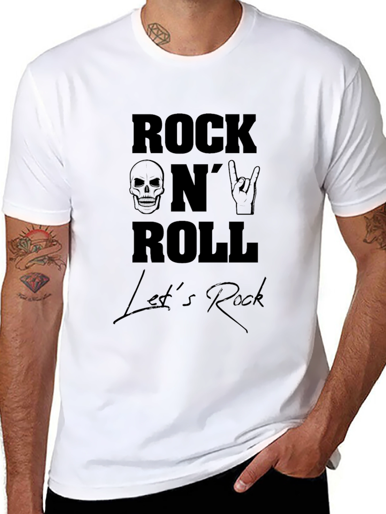 Rock N Roll Skull Graphic Tee - Black Cotton