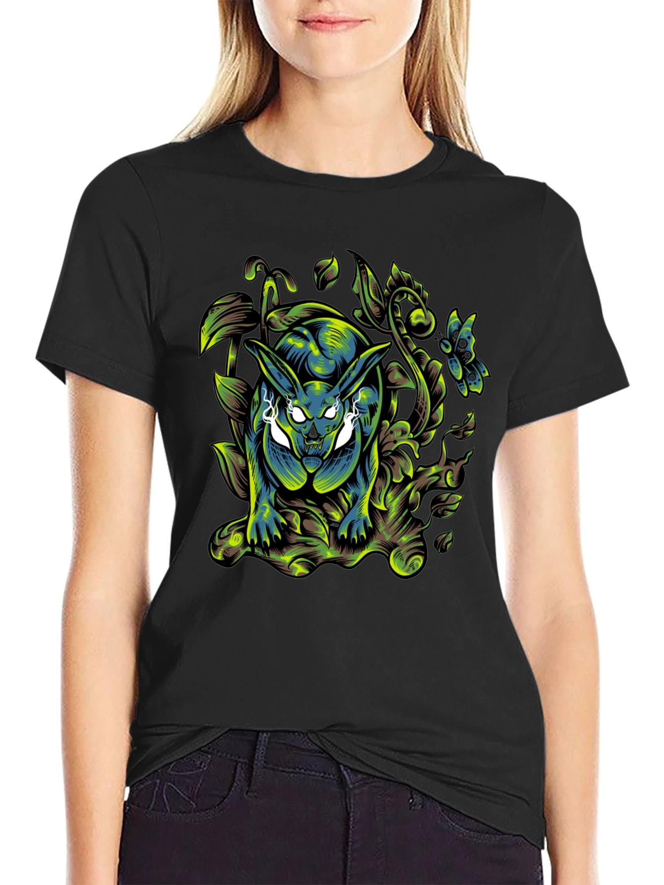 Mens Black T-Shirt with Rabbit Graphic