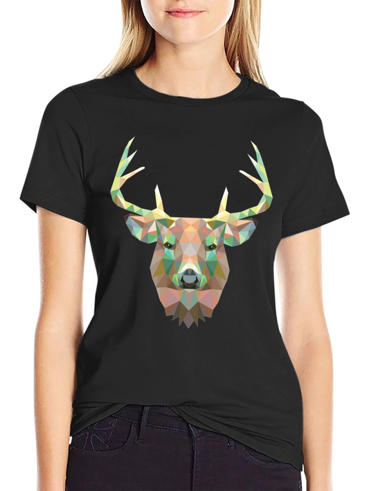 Geometric Deer Head Graphic Tee - Black Cotton T-Shirt