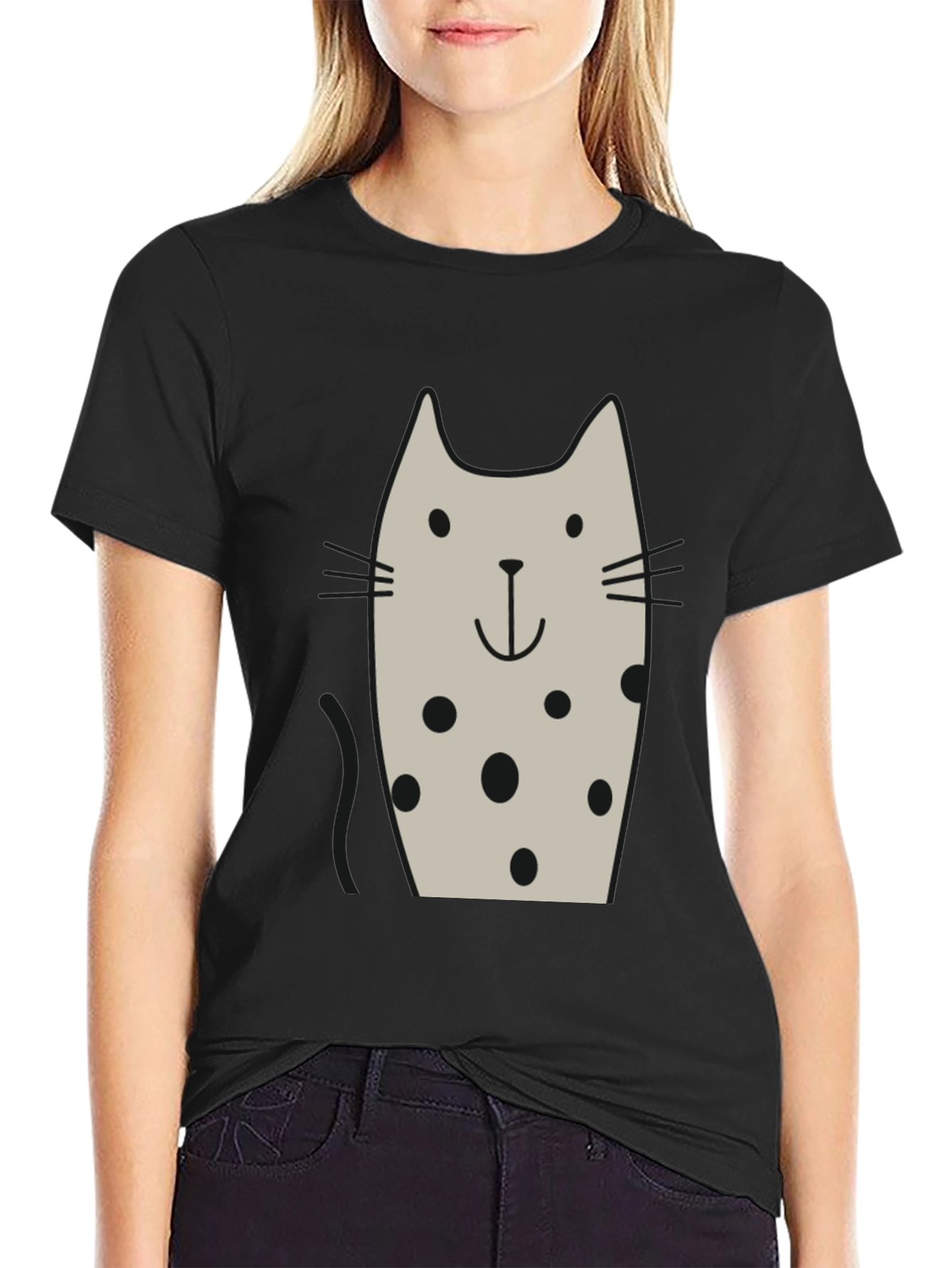 Cute Cat Polka Dot Black T-Shirt
