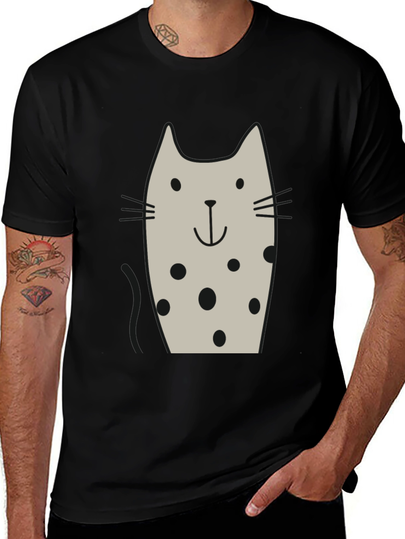 Cute Cat Polka Dot Black T-Shirt