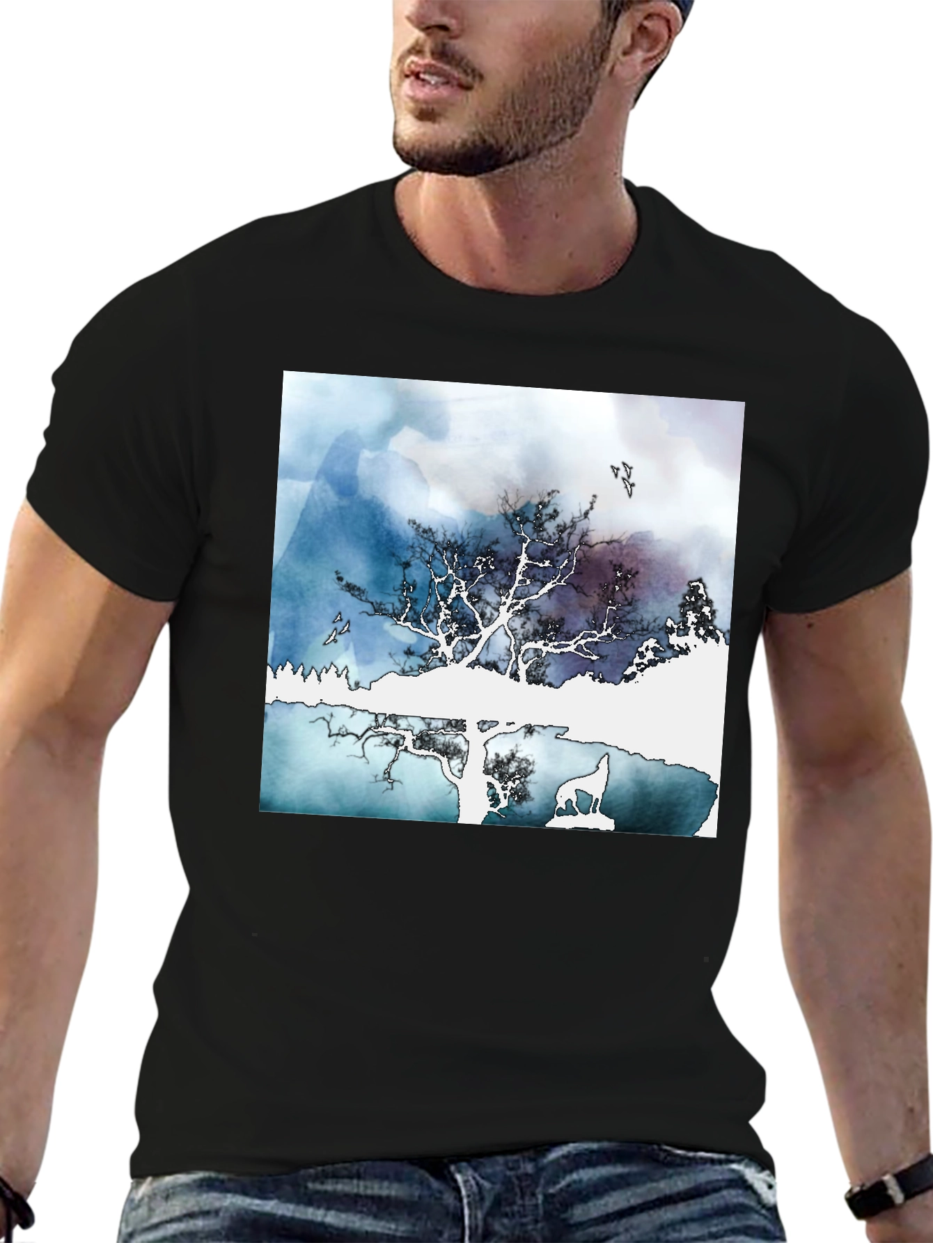 Nature Scene Graphic Tee - Stylish Black T-Shirt