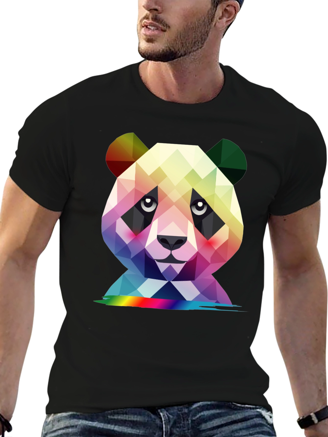 Geometric Panda Graphic Tee - Black Crew Neck T-Shirt