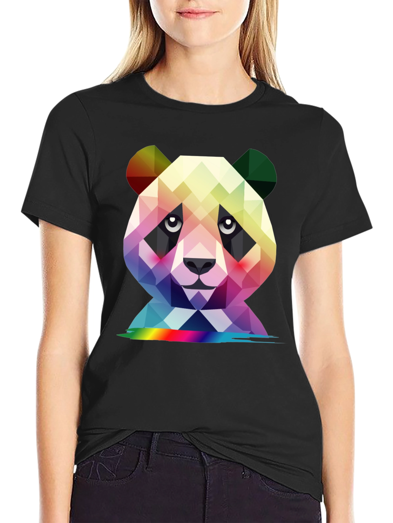 Geometric Panda Graphic Tee - Black Crew Neck T-Shirt