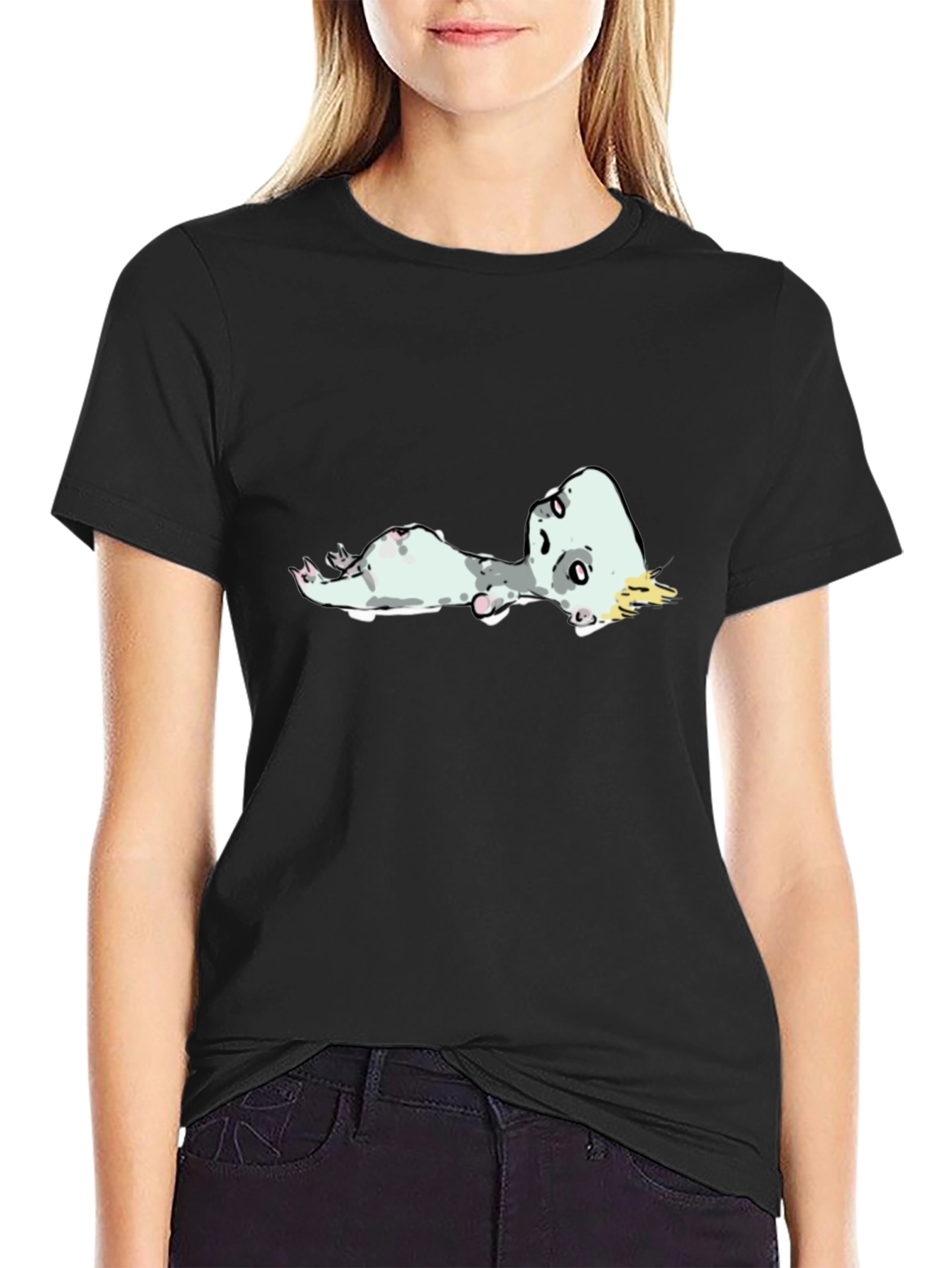 Funny Cartoon Cat on Black T-Shirt