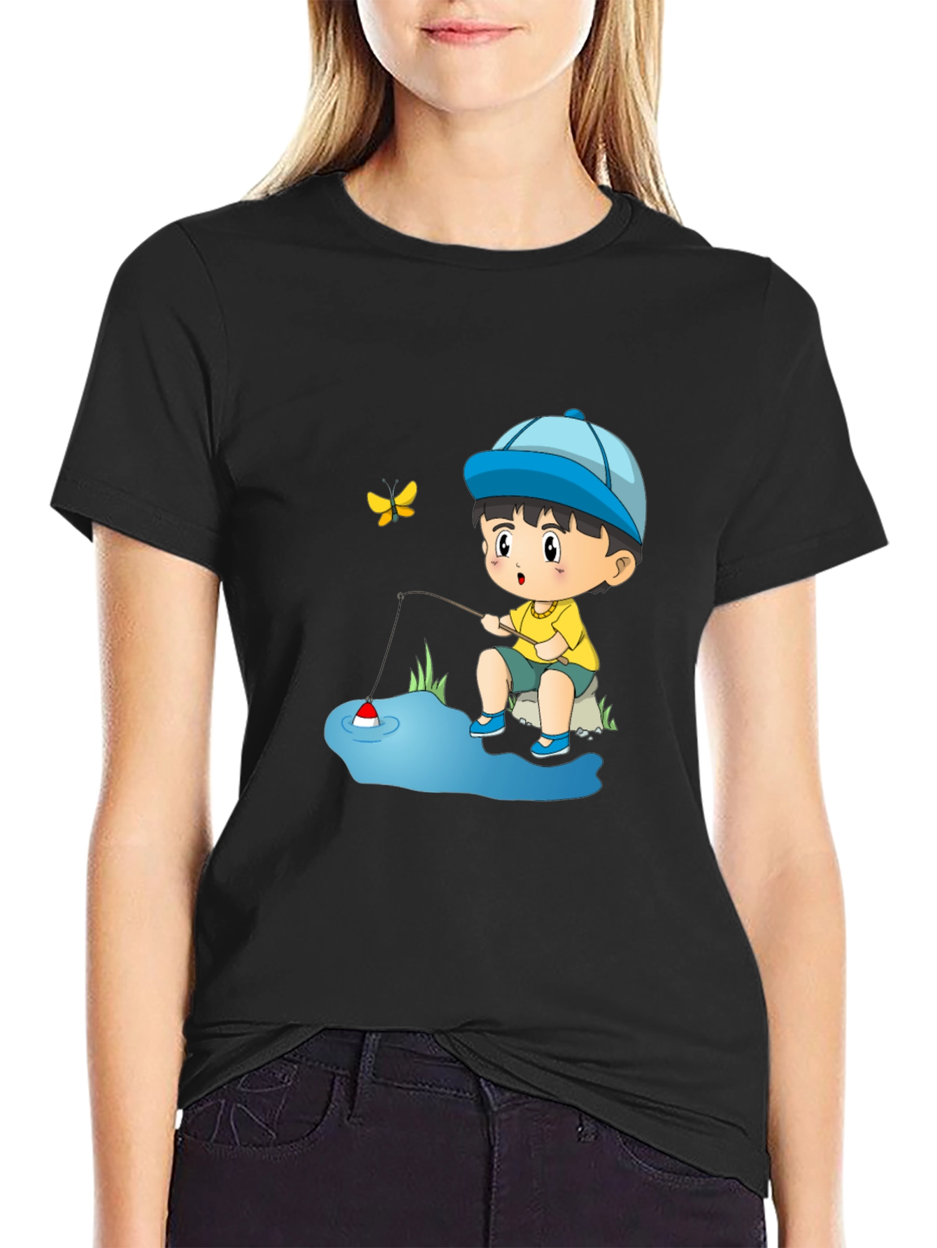 Cartoon Fishing Kid Graphic Tee