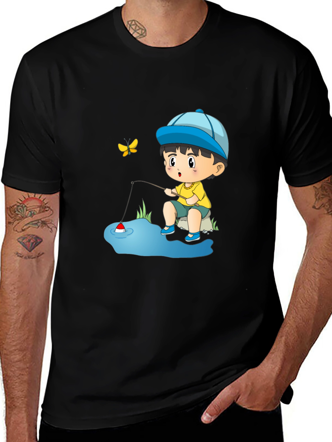 Cartoon Fishing Kid Graphic Tee