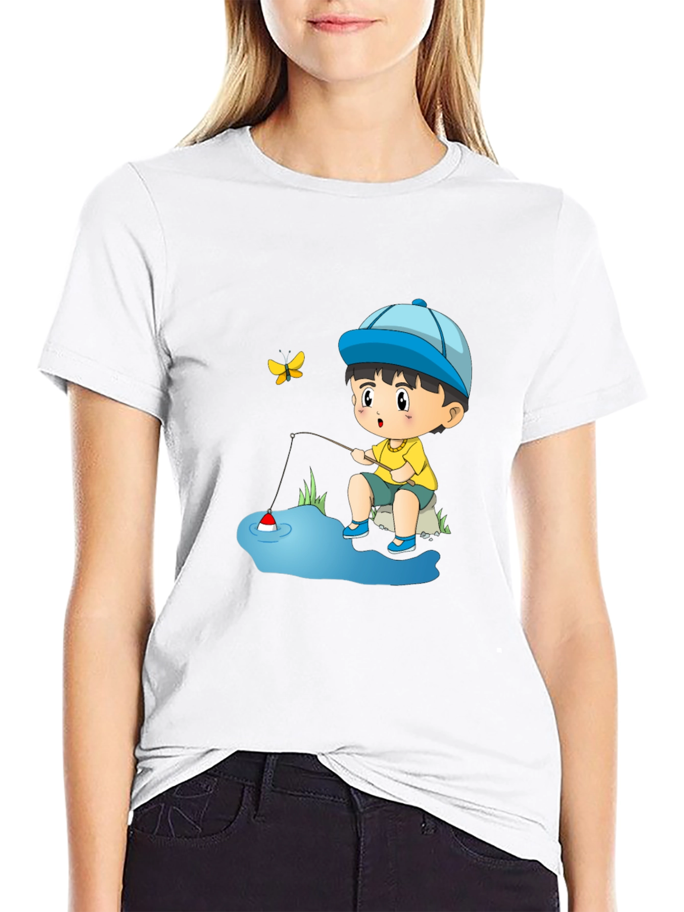 Cartoon Fishing Kid Graphic Tee