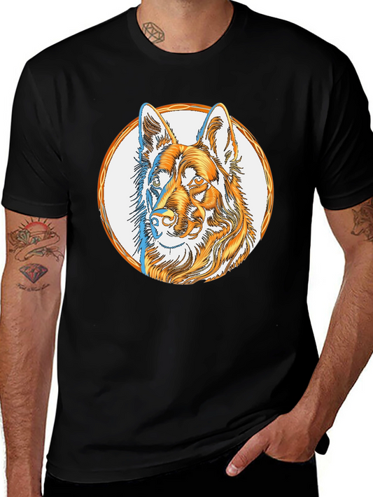 Dog Graphic Tee - Embroidered Style on Black Cotton Shirt