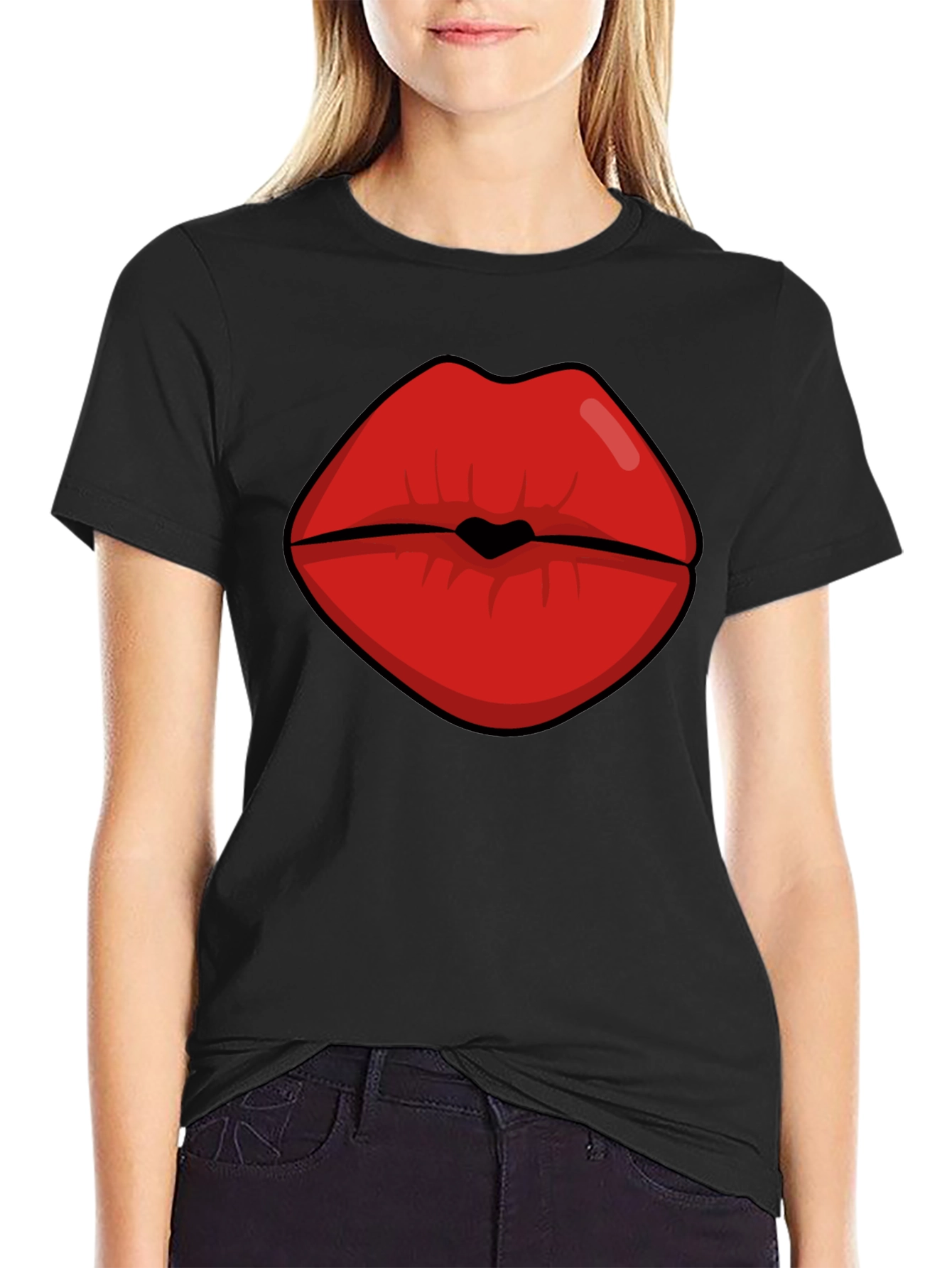 Bold Lips Graphic Tee - Black Cotton Blend