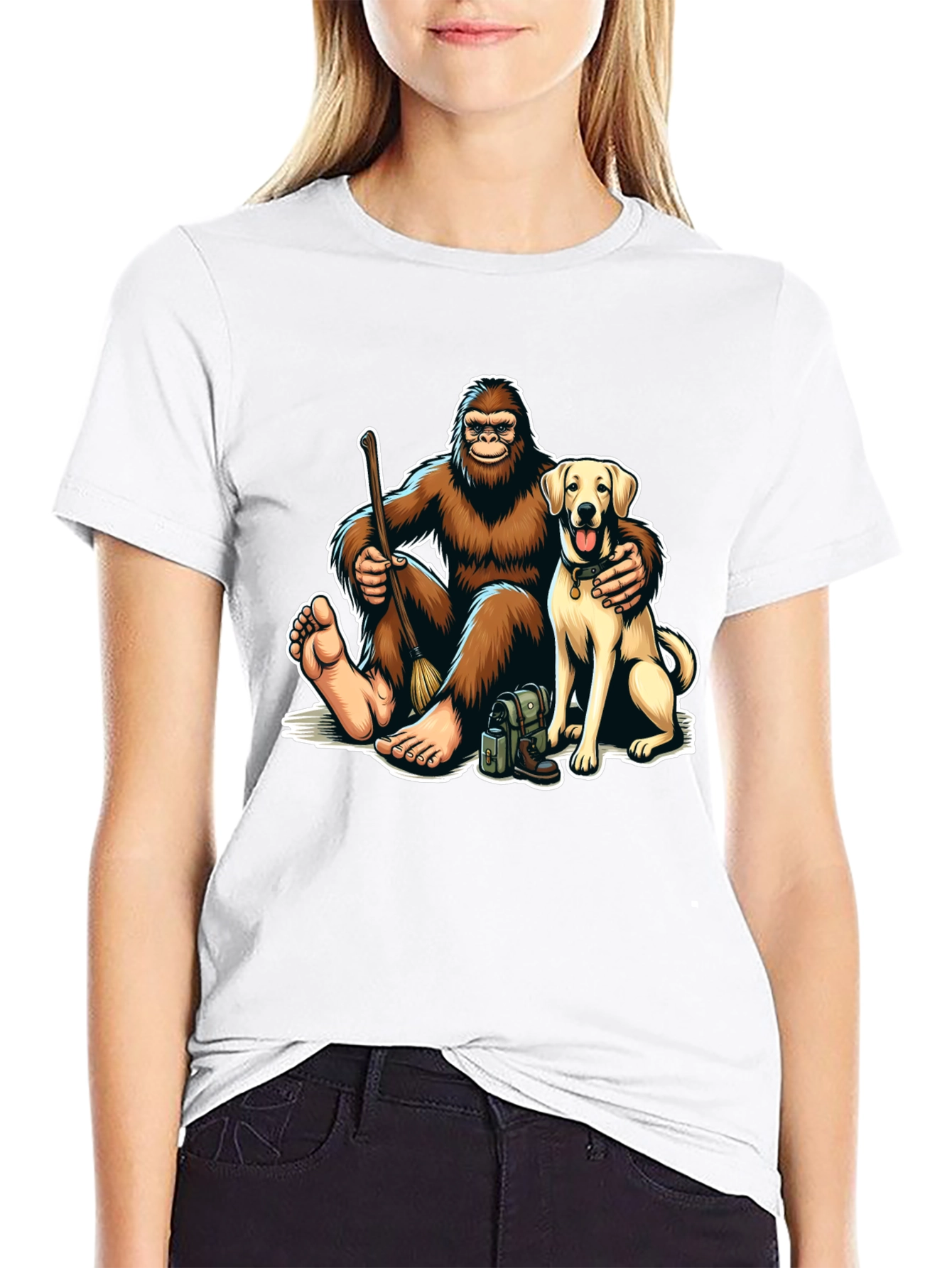 Bigfoot and Dog Cartoon Graphic Tee