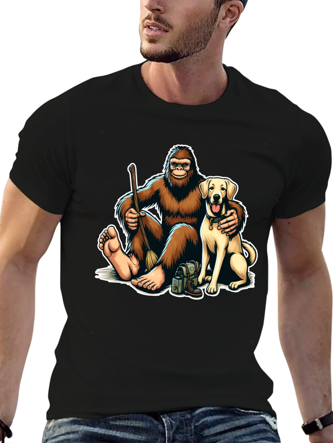 Bigfoot and Dog Cartoon Graphic Tee