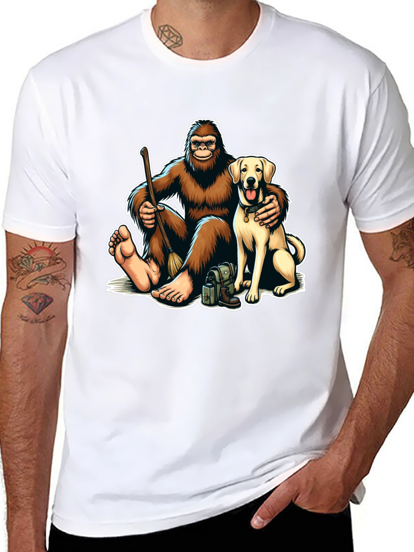 Bigfoot and Dog Cartoon Graphic Tee