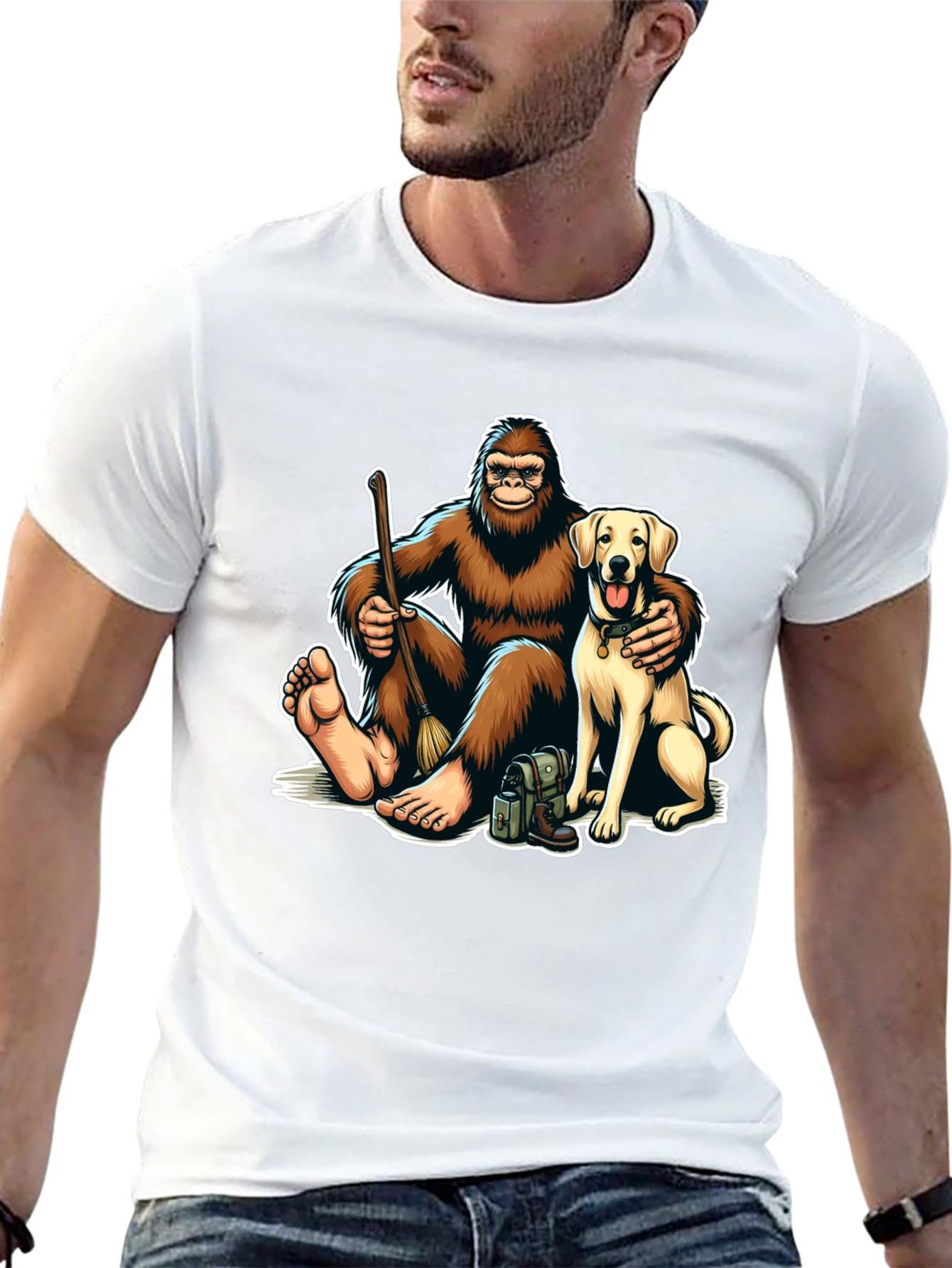 Bigfoot and Dog Cartoon Graphic Tee