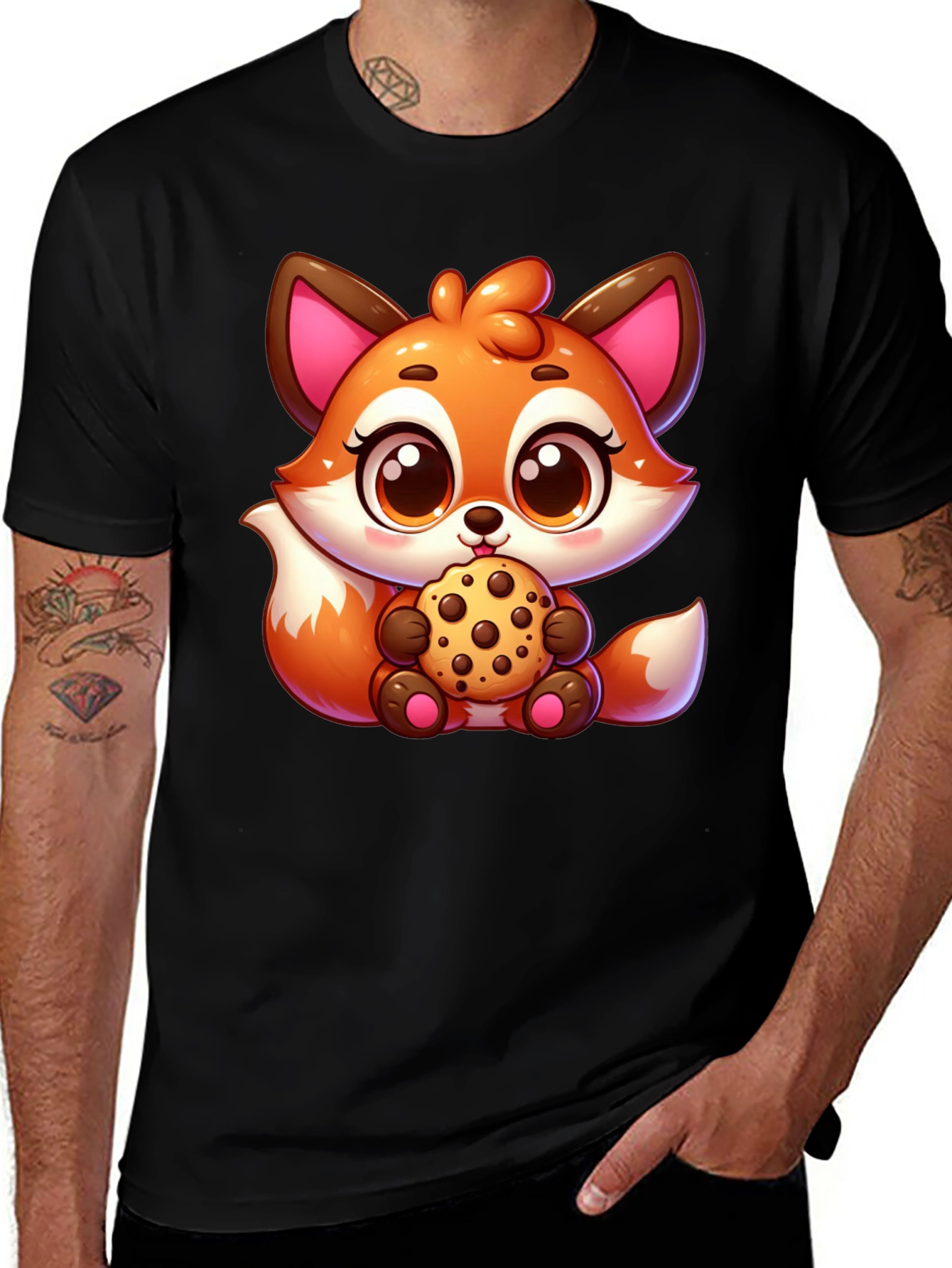Cute Fox Cookie Black T-Shirt