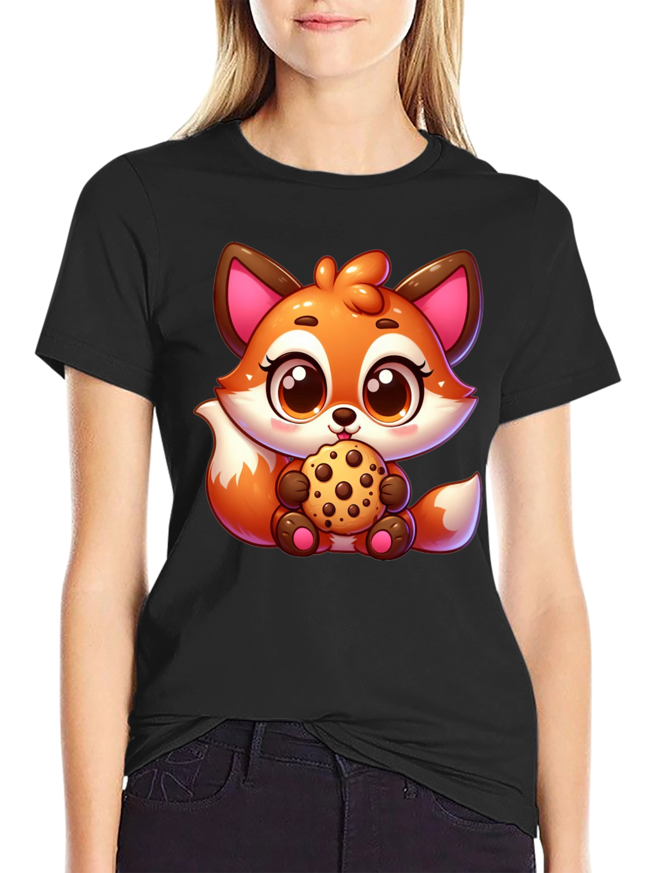 Cute Fox Cookie Black T-Shirt