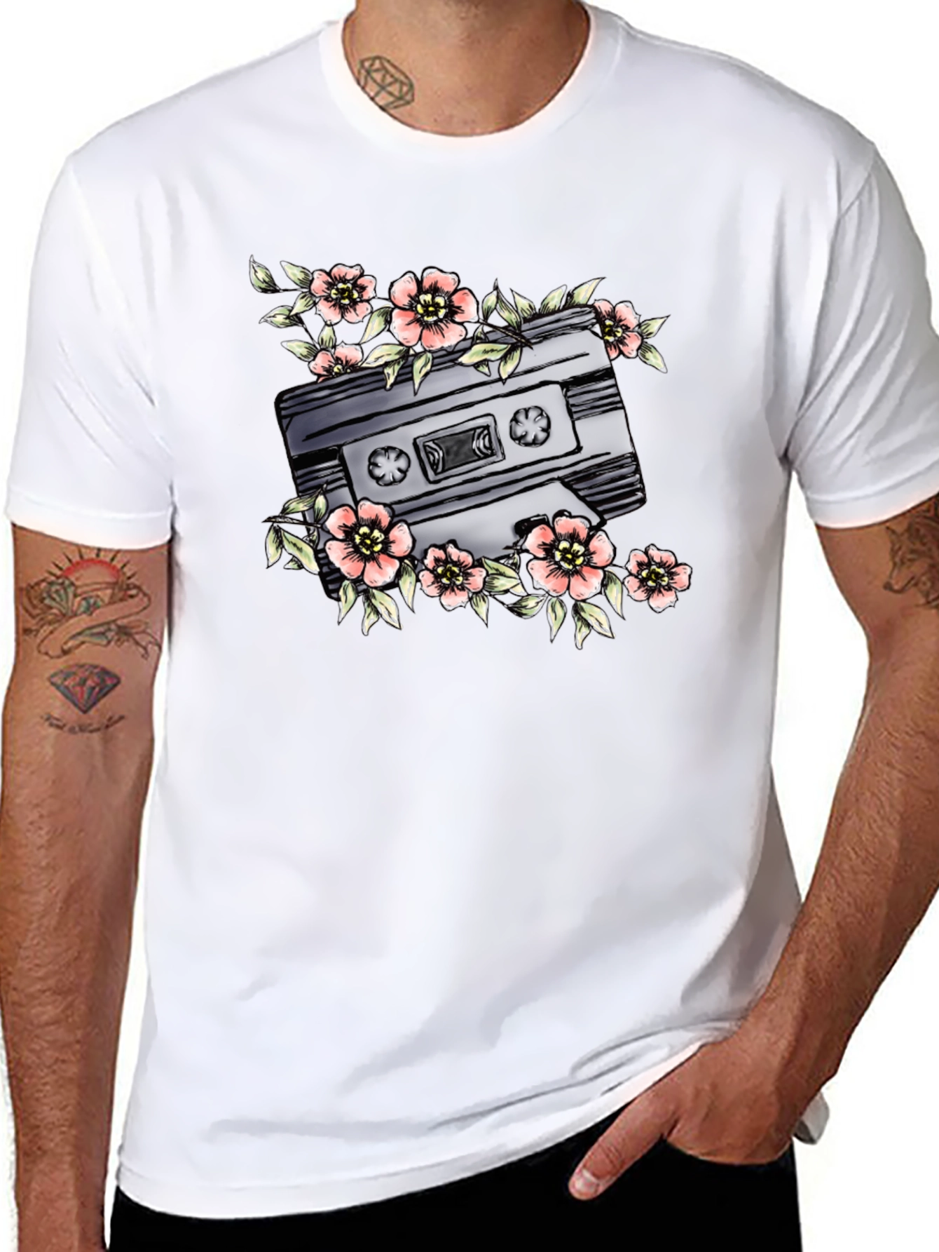 Floral Cassette Graphic Tee - Retro Style