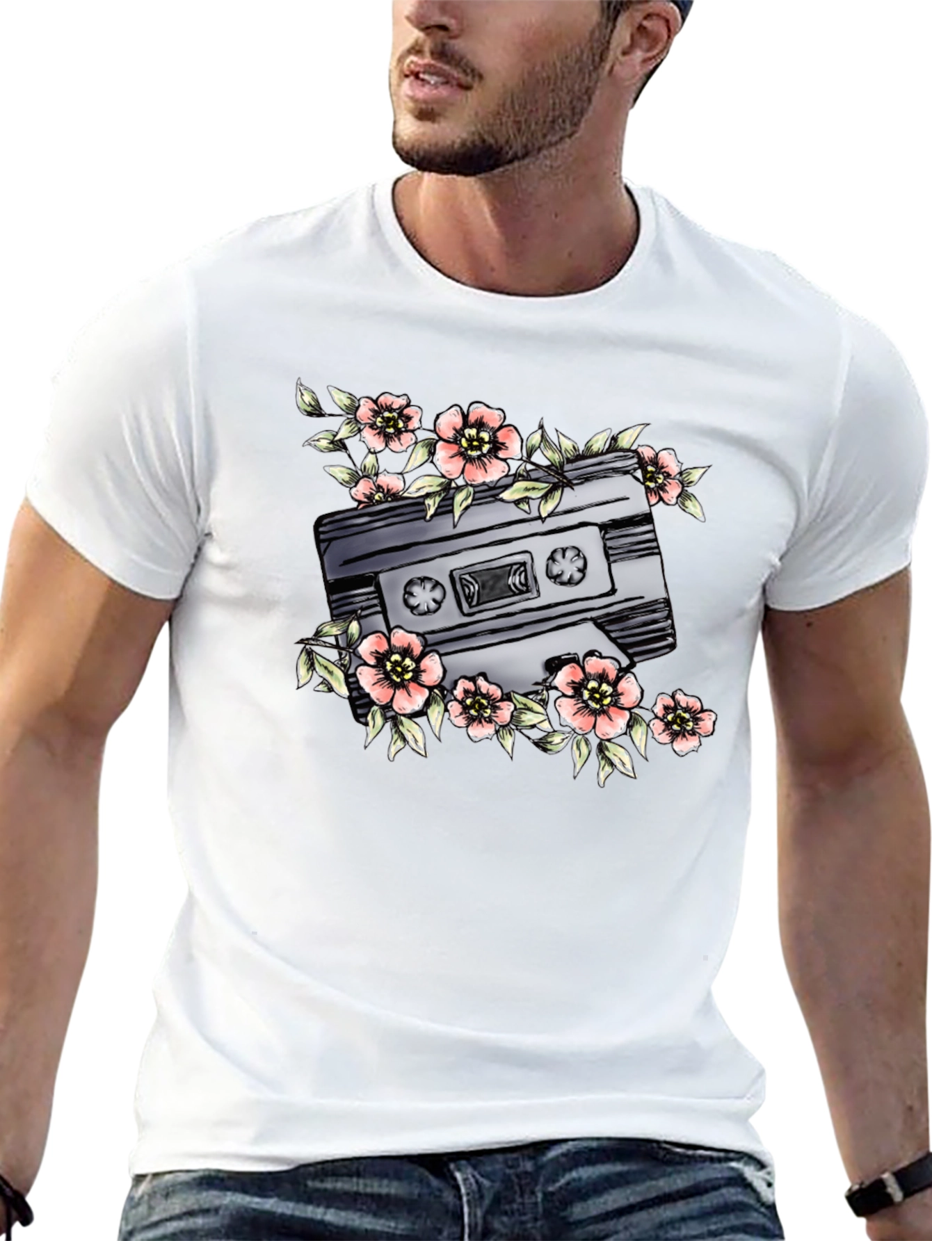 Floral Cassette Graphic Tee - Retro Style